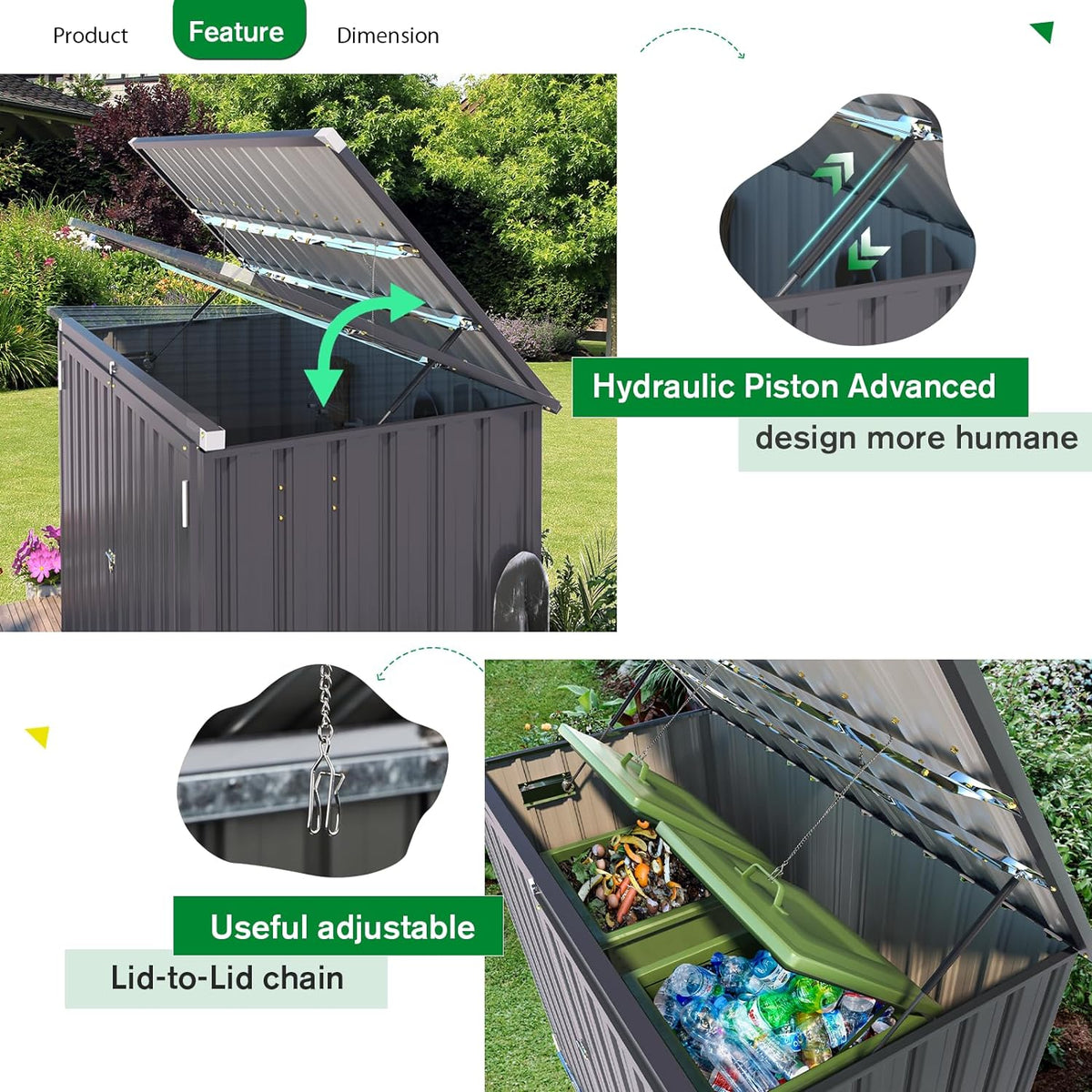 AECOJOY Outdoor Trash Can Storage Shed, 46 Cu.Ft Outside Garbage Can Storage Shed, Dark Grey Outdoor Horizontal Storage Cabinet Waterproof, Bike Sheds & Outdoor Storage Clearance