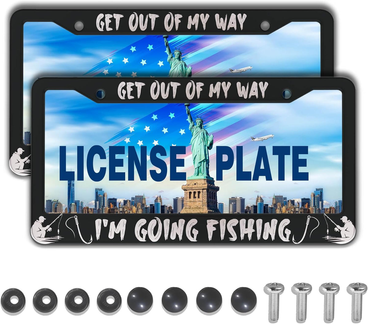 Car License Plate Frame Black and White License Plate Frames Get Out of My Way I'm Going Fish Aluminum Metal Car Accessory 2 Pack with Screw Covers Set