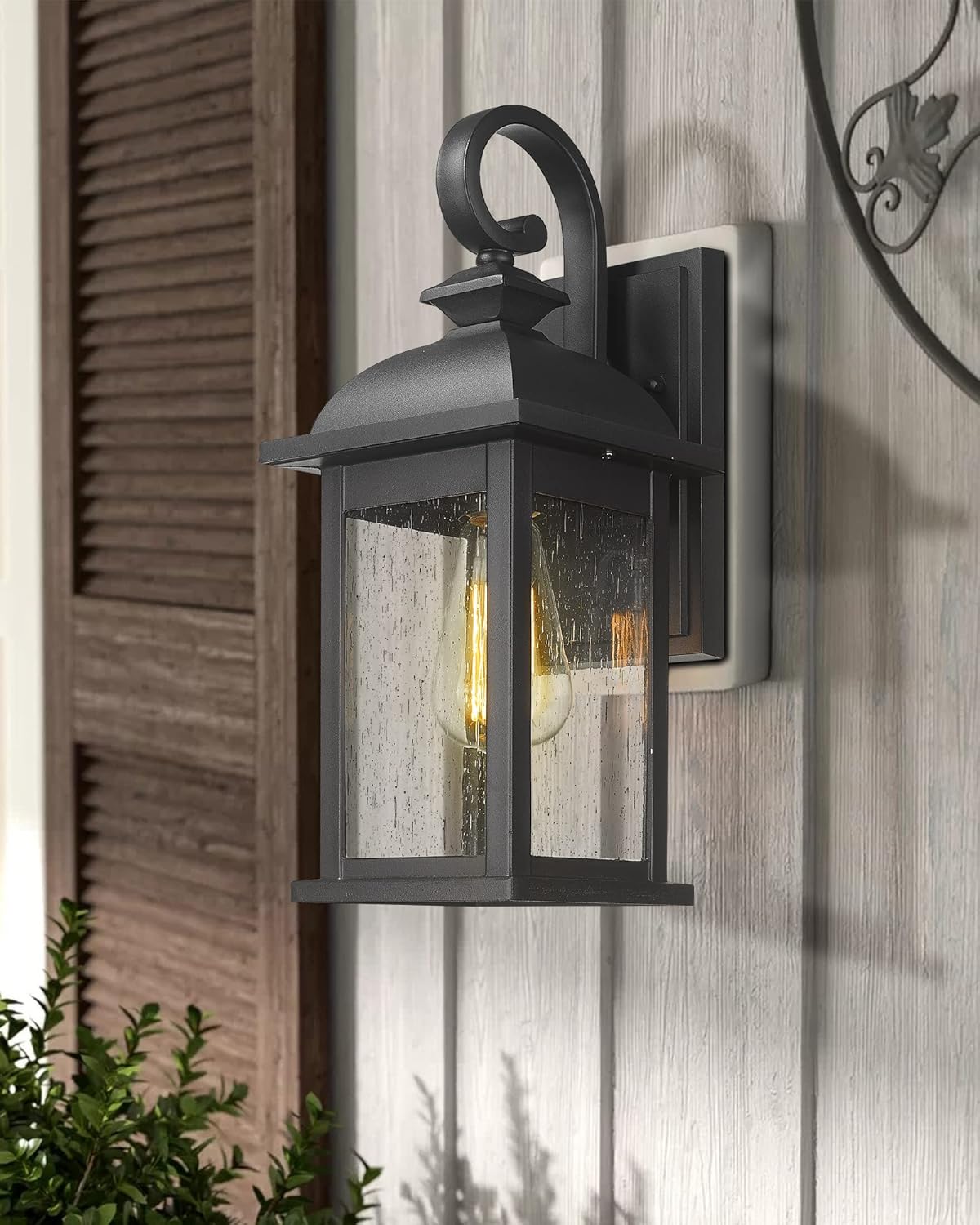 FEMILA Outdoor Wall Sconce, 14.9" Matte Black Seeded Glass Outdoor Sconce Lights, Front Porch Light Fixtures Wall Mount, Garage Lights for Patio, Entryway, Garden, E26 Base, 4FD54B BK