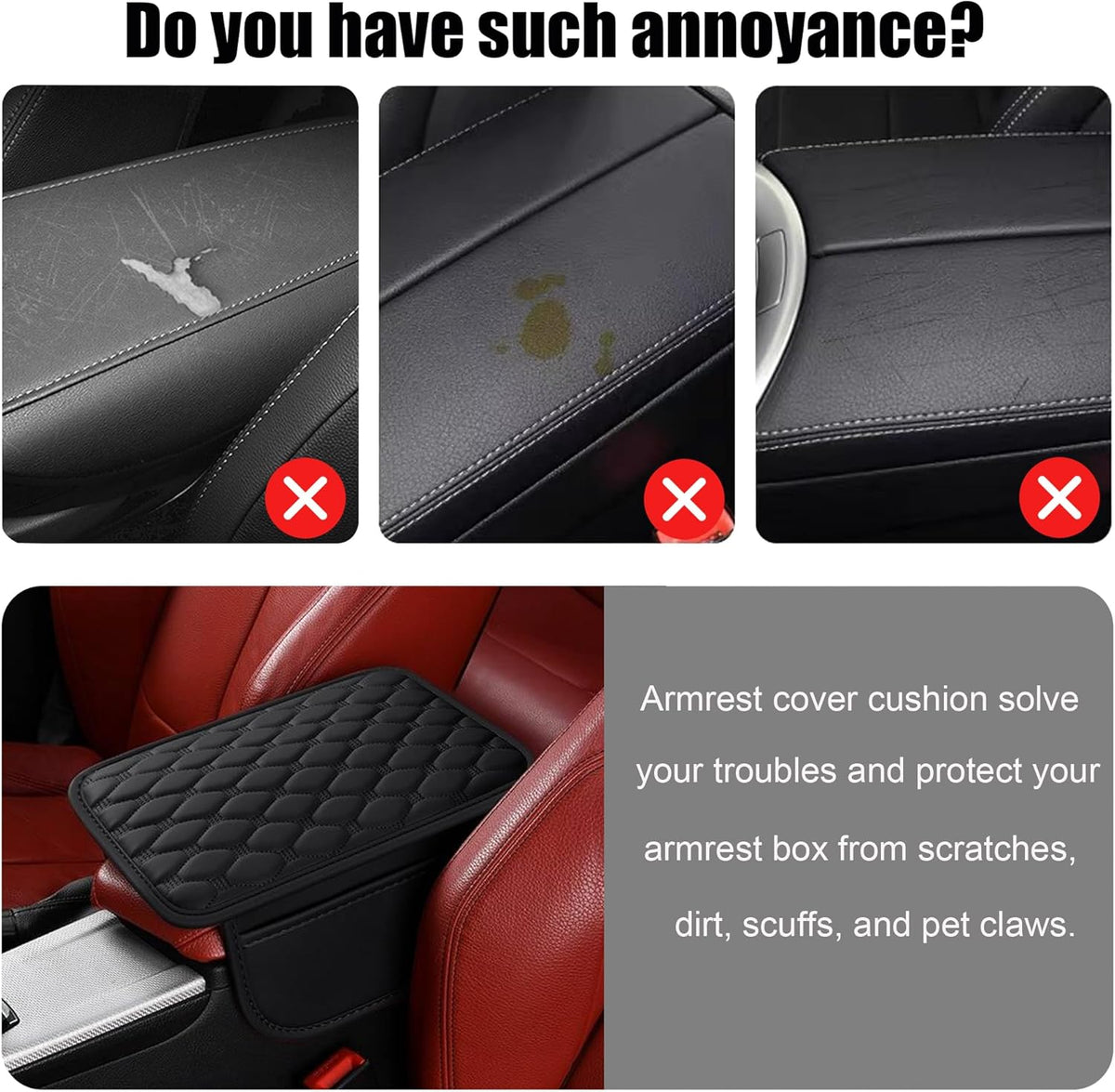 Car Center Console Cover, Leather Car Armrest Cover Cushion with 2 Storage Bags Universal Car Armrest Storage Box Pad Comfortable Car Decor Accessories Fit for Most Cars, Vehicles, SUVs (Black-2)