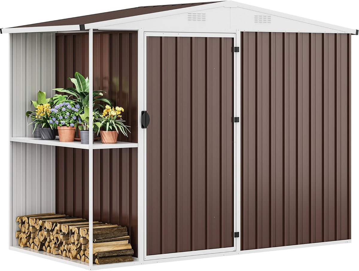 DWVO 8 x 4 ft Outdoor Storage Shed with 2-Tier Shelf, Metal Tool Shed & Garden Storage Cabinet for Backyard, Patio, Equipment & Bike, Brown