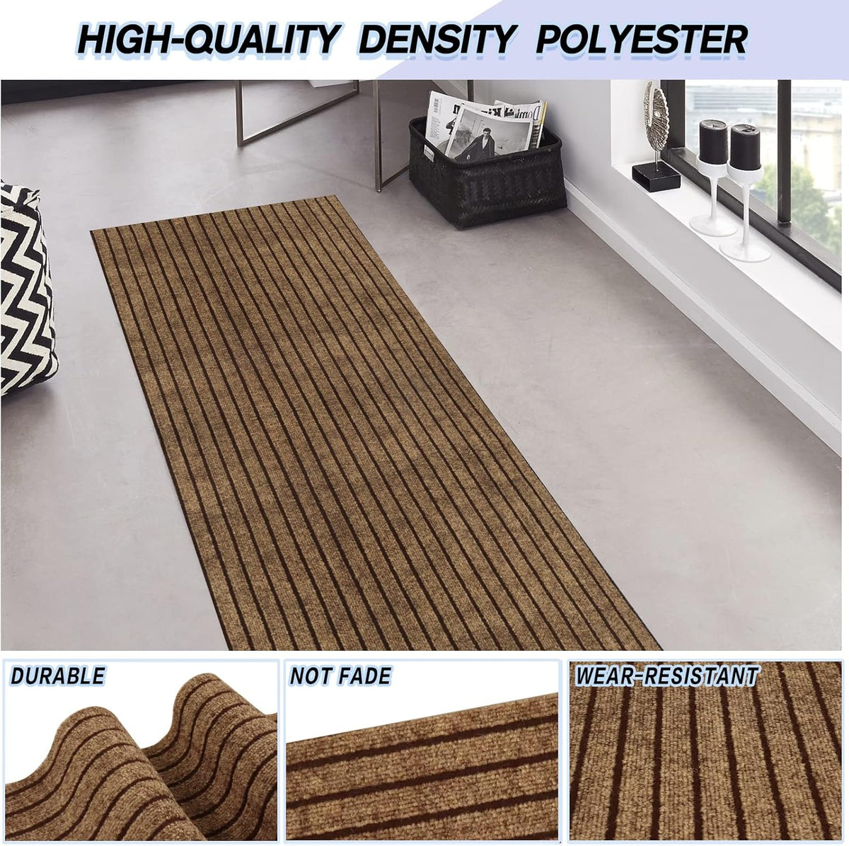 Custom Size Backed Non-Slip Area Rugs Runner, Easy Clean, Waterproof Runner Rugs for Hallway Entryway, Kitchen, Laundry, 2FT x 59FT, Brown Stripe
