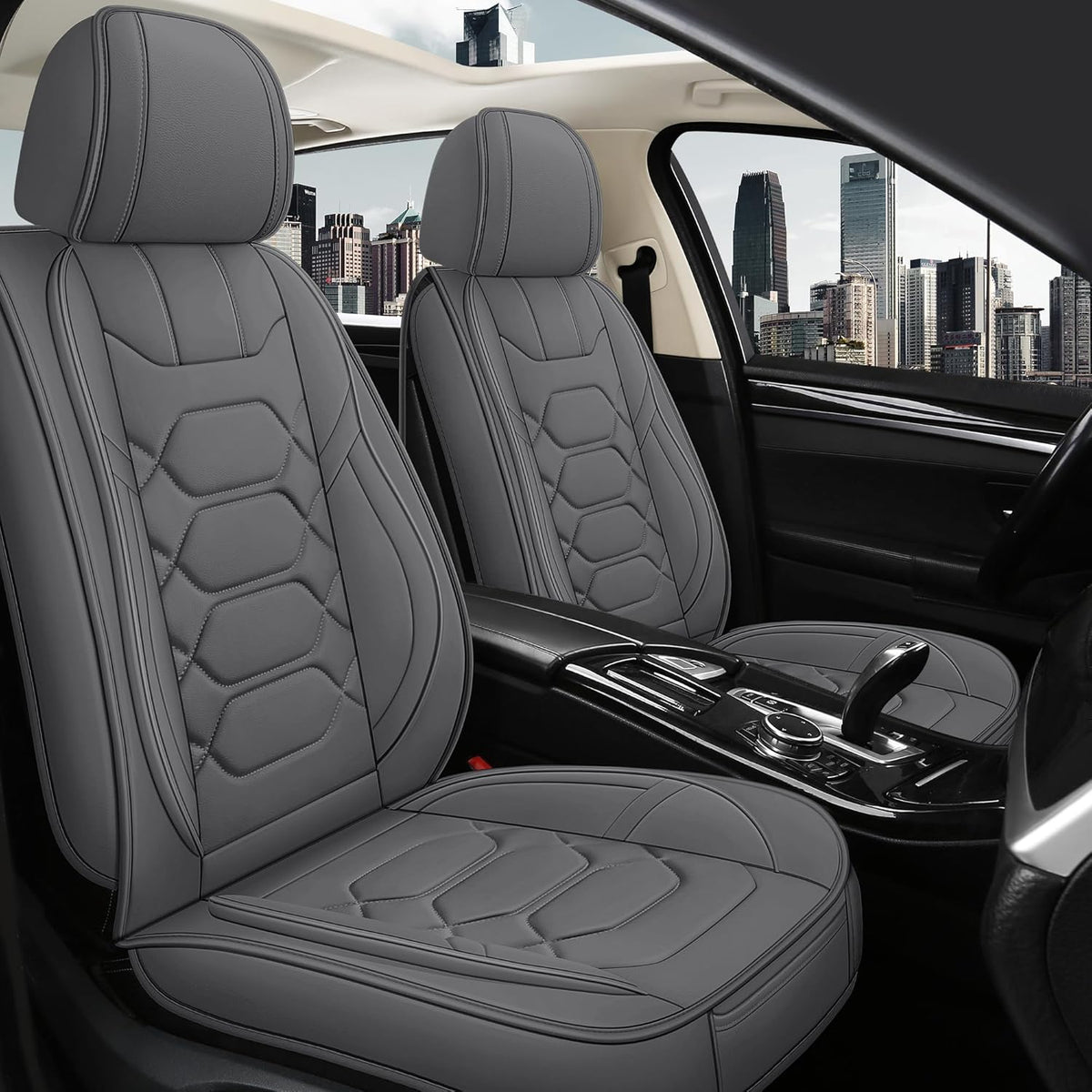 Pariitadin Leather Car Seat Covers Full Set, Waterproof Breathable Faux Leather Automotive Seat Covers for Cars, Non-Slip Car Interior Covers Universal Fit Most Cars Sedans Trucks SUVs, Gray