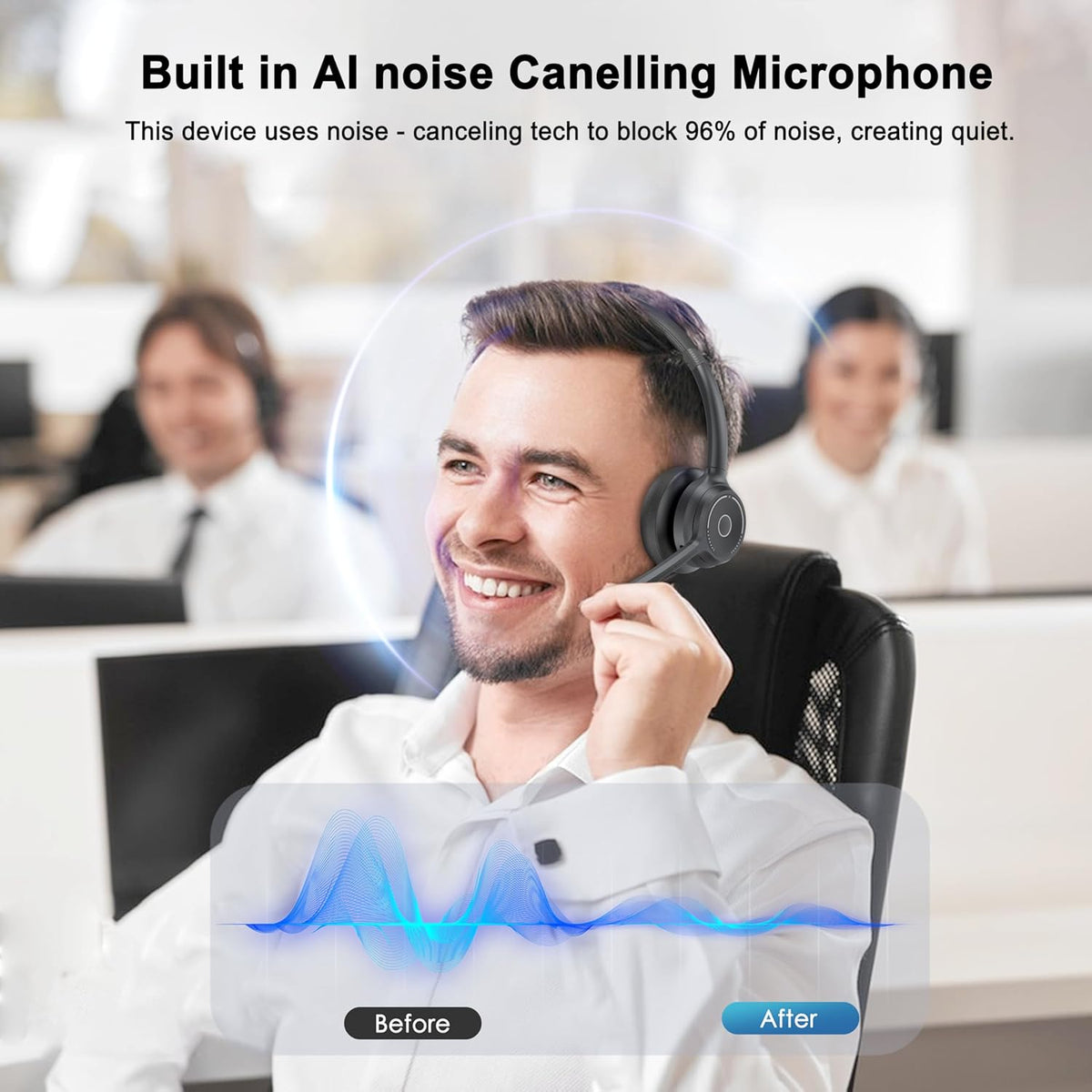 (2025 Upgraded) Wireless Headset with Mic for Work, Bluetooth Headset with Noise Canceling Microphone, Wireless On Ear Headphones with USB Dongle and Mute Mic for Computer