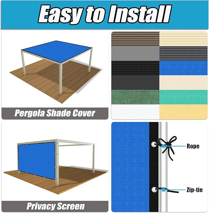 Amagenix 90% Pergola Shade Cover 7' X 10' Sun Shade Cloth with Grommets for Outdoor Garden Patio Porch, Commercial Grade 200 GSM - Cable Zip Ties Included (We Customized) GN108, Blue