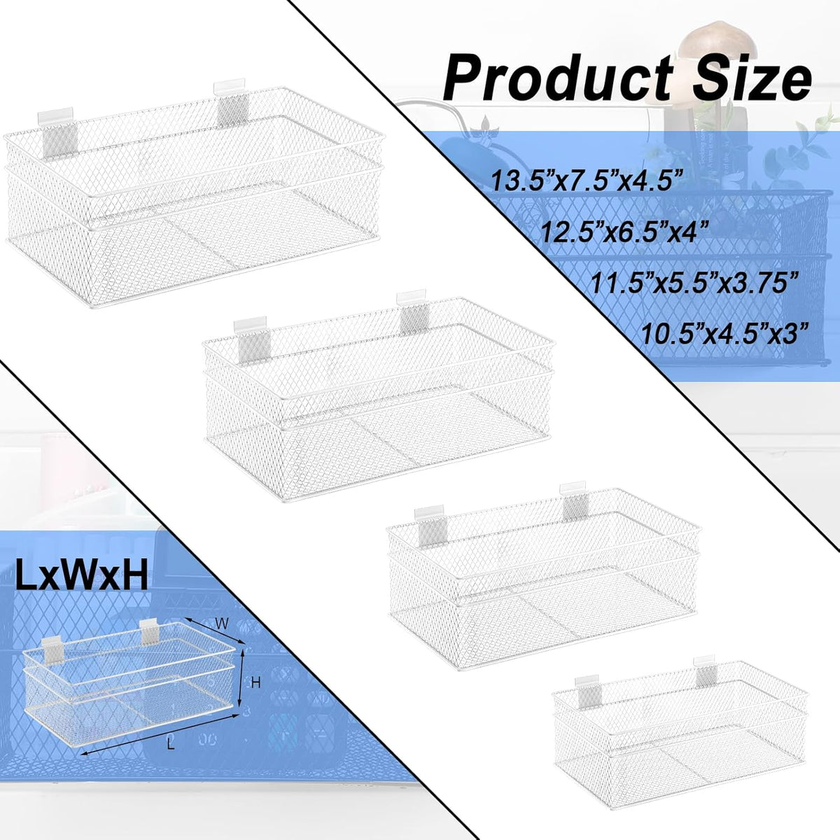 Barydat 4 Pcs Slatwall Basket Set Ventilated Metal Slatwall Basket Hanging Wire Bins Wall Mounted Accessories for Panel Garage Storage Display Organizing(Multi Size,White)