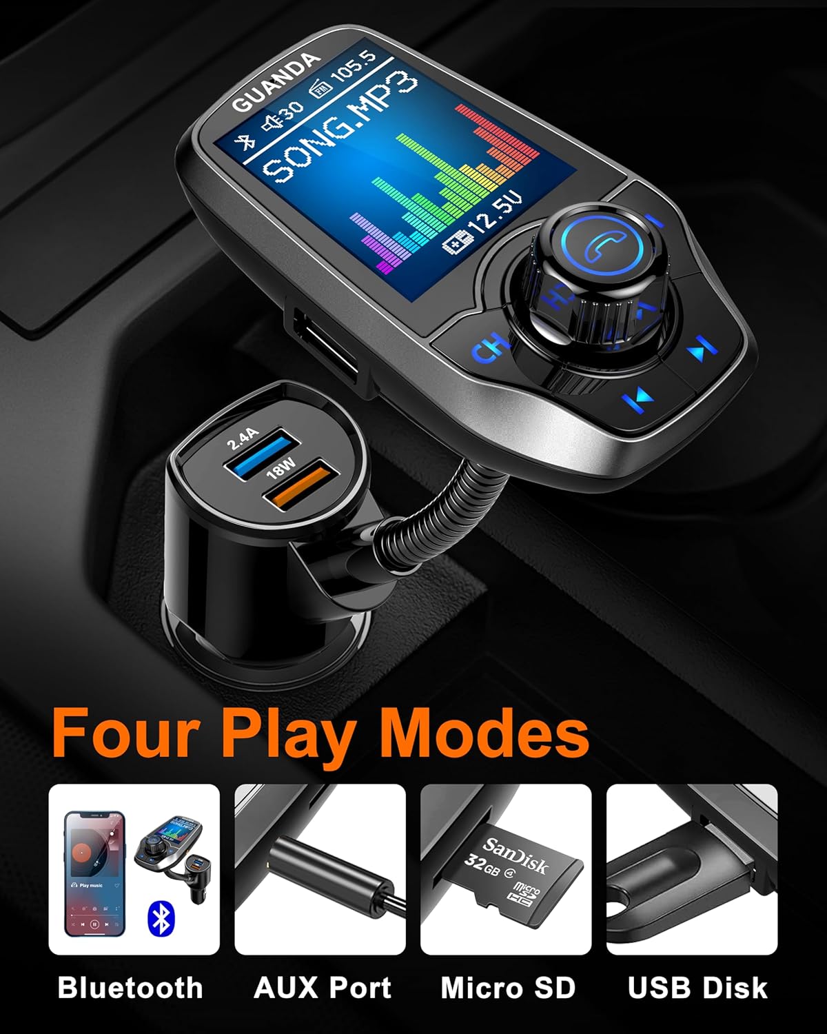 Upgraded Bluetooth FM Transmitter for Car, Wireless Radio Adapter Kit W 1.8" Color Display Hands-Free Call AUX in/Out SD/TF Card USB Fast Charging 18W for All Smartphones Audio Players - Pewter