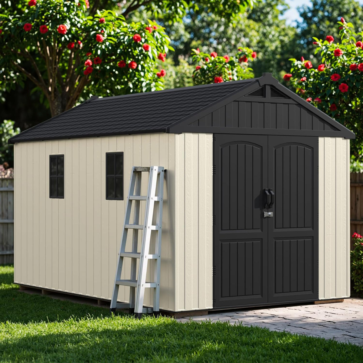 Greesum 8×12 FT Plastic Outdoor Storage Shed with Floor, Resin Sheds with Window and Lockable Door, Weather Resistant Organization for Garden, Lawn, Pool Supplies, Beige