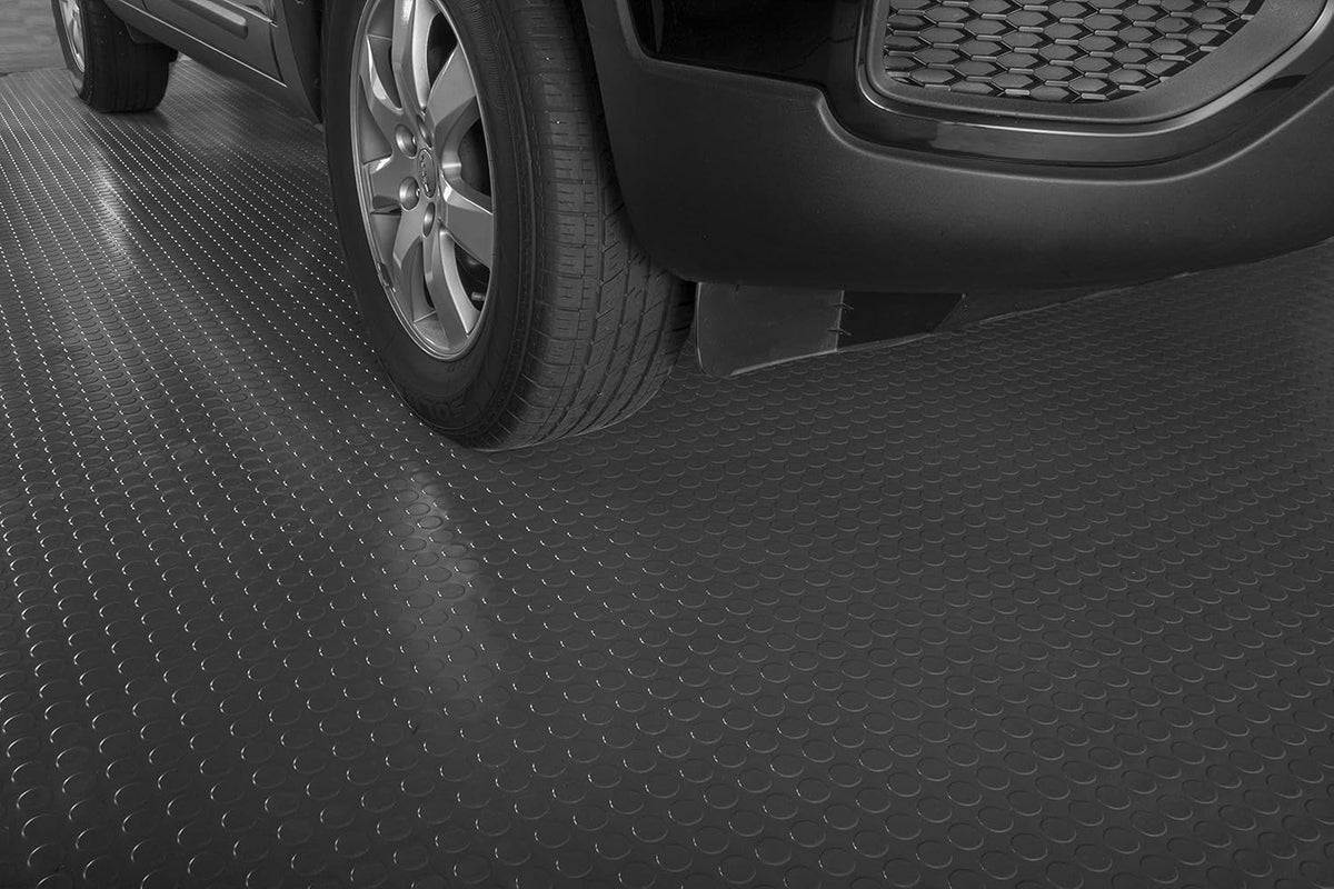 G-Floor Seamless Sheet Vinyl Shed Flooring Cover with Bonded Fibrous Backing - Coin Pattern (8' x 16', Slate Grey)