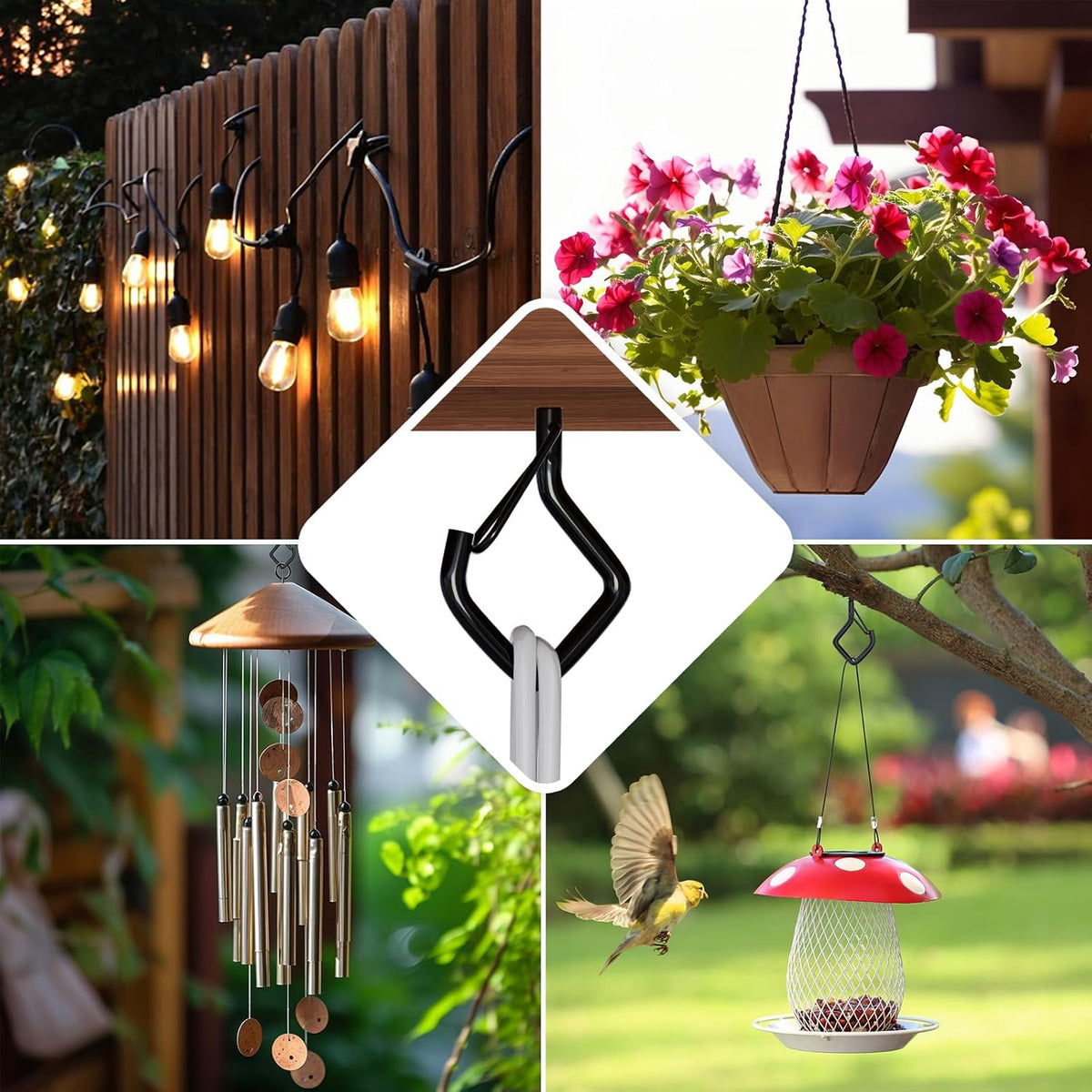 20 PCS Screw Hooks with Safety Buckle, Heavy Duty Ceiling Hooks for Hanging Outdoor String Lights, Plants, Wind Chimes, 2.36 inches, Black