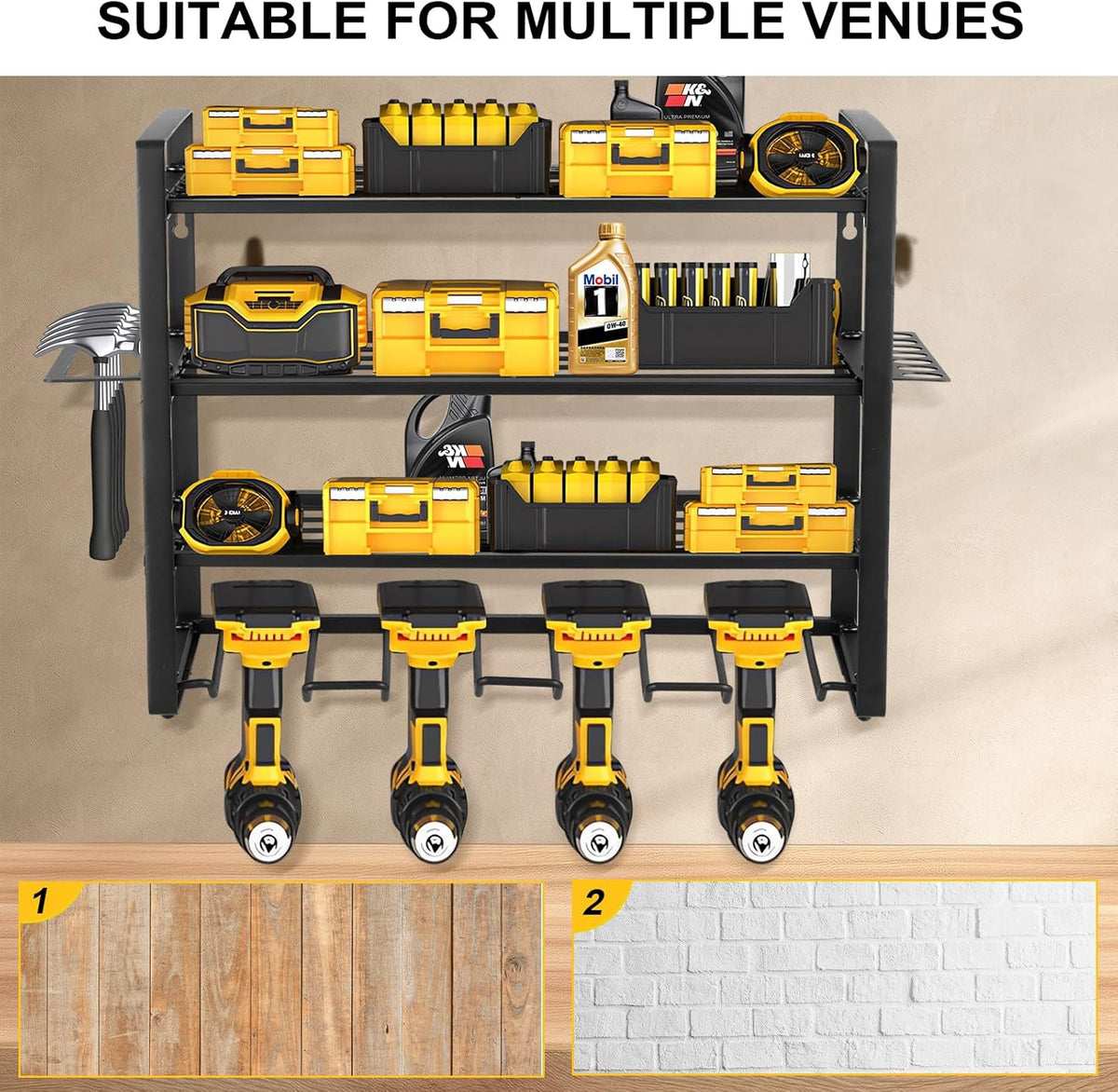 Power Tool Organizer Wall Mount, 2 Pack 4 Layers Garage Wall Shelving, 8 Drill Holder Wall Mount, Cordless Tool Organizer, Garage Storage Rack with 4 Extension Cord Holder
