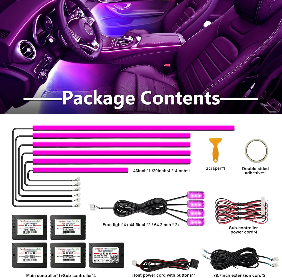 WEBUPAR Acrylic Interior Car Lights, Car Accessories 10 in 1 Car LED Strip Lights with APP Control, 175 inches 593 LEDs Fiber Optic Lights, RGB Neon Car Ambient Lighting Kits