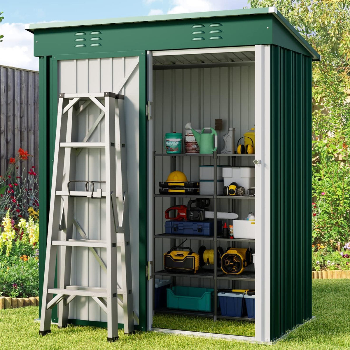 Gizoon 5' x 3'Outdoor Storage Shed with Singe Lockable Door,Galvanized Metal Shed with Air Vent Suitable for The Garden,Tiny House Storage Sheds Outdoor for Backyard Patio Lawn-Green