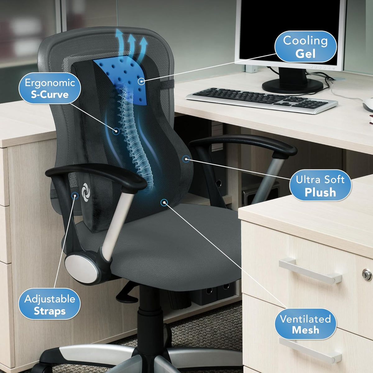 Samsonite Lumbar Support Pillow Mid and Lower Back with Cooling – Office Chair Back Cushion, Gaming Chair, Desk Chair, Car Seat Lumbar, Work from Home Office Accessories, Black with Cooling