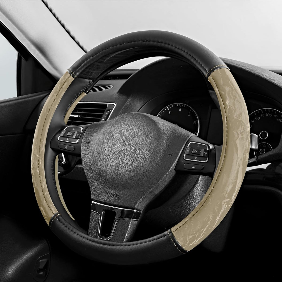 PIC AUTO Steering Wheel Cover, Silk Grain Leather Car Steering Wheel Protector, Comfortable Grip, Universal 14.5-15.5 Inch Anti-Slip Steering Wheels Accessories for Men & Women (Beige)