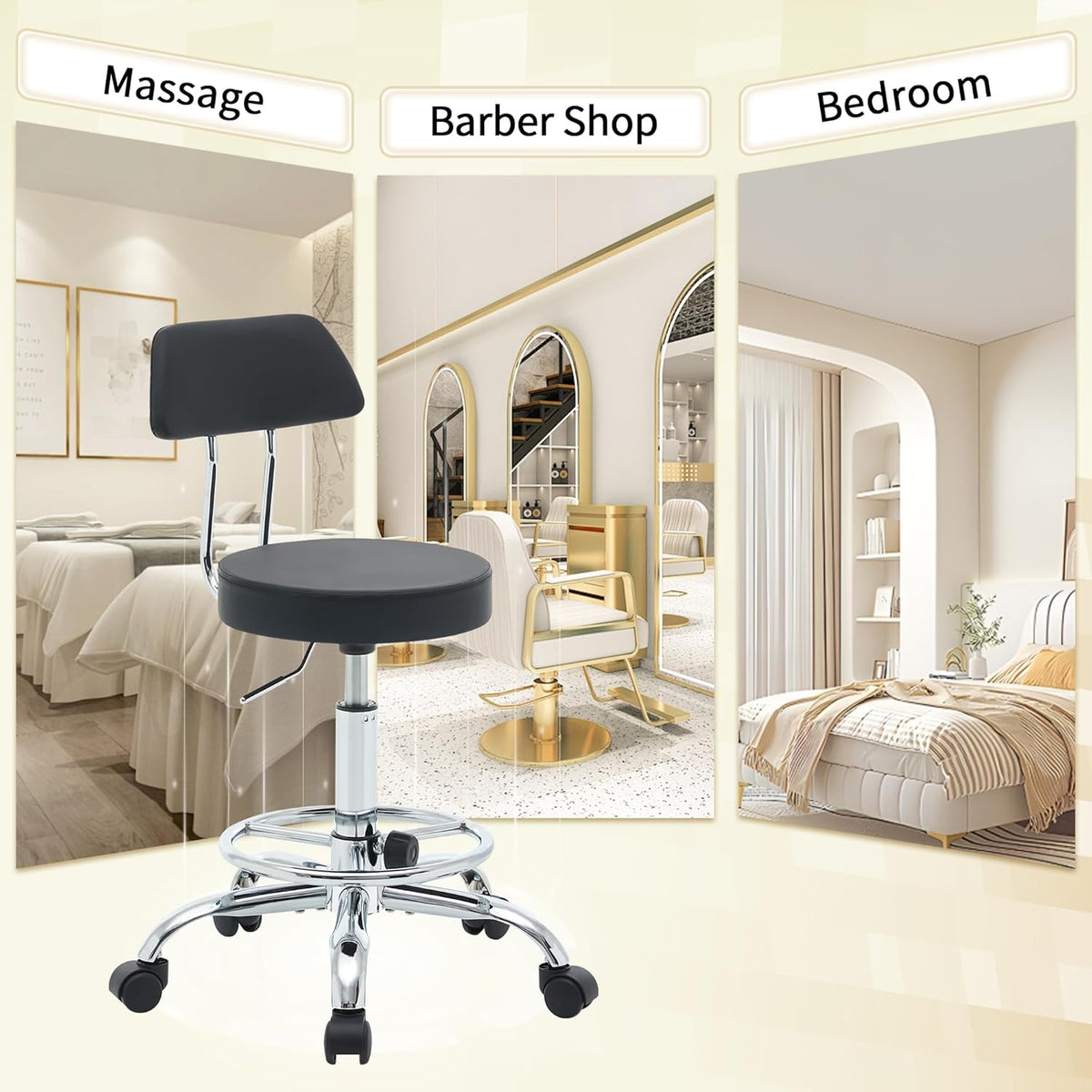 Rolling Stool with Back,Adjustable Height Foot Rest Rolling Salon Chair 19.5’’-26.6’’,Black Ergonomic Stool (Black)
