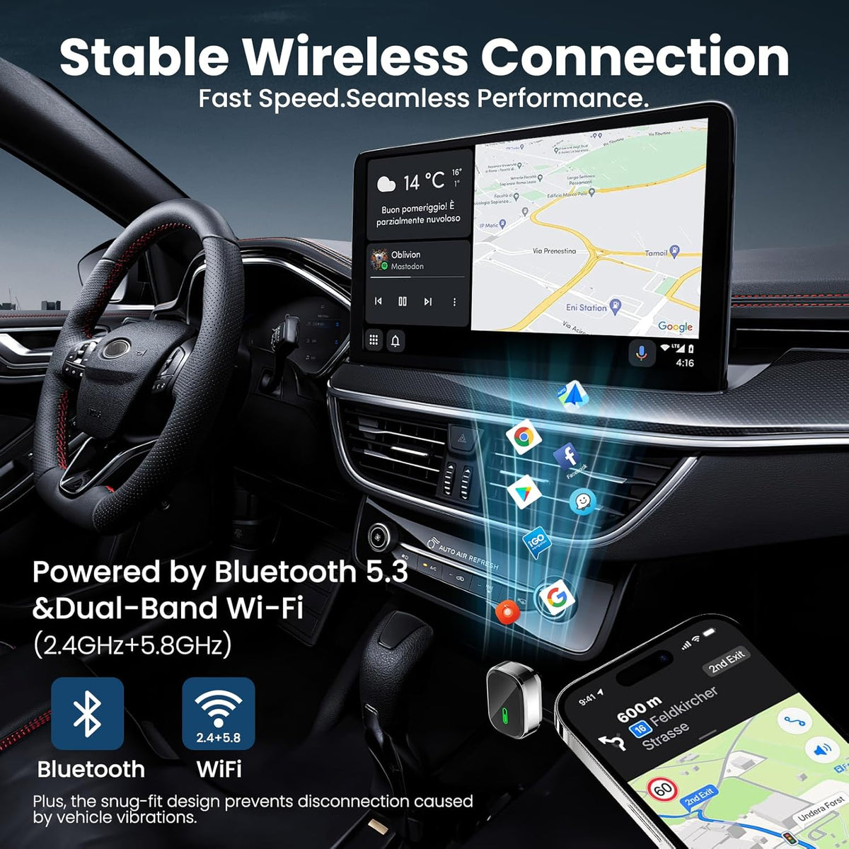 Wireless CarPlay Adapter,2-in-1 Apple CarPlay & Android Auto Wireless Adapter with Mini Snug Fit Design, Converts Factory Wired to Seamless for iPhone iOS 10+ & Android 11+ (Black)
