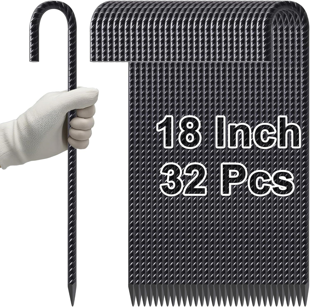 VVOKGO Rebar Stakes 18 Inch J Hook Heavy Duty Ground Anchors (32-Pack), 3/8" Diameter Metal Steel Extra Long Fence Stakes with Chisel Point End for Greenhouse, Gazebo, Carport, Camping Tents, Black