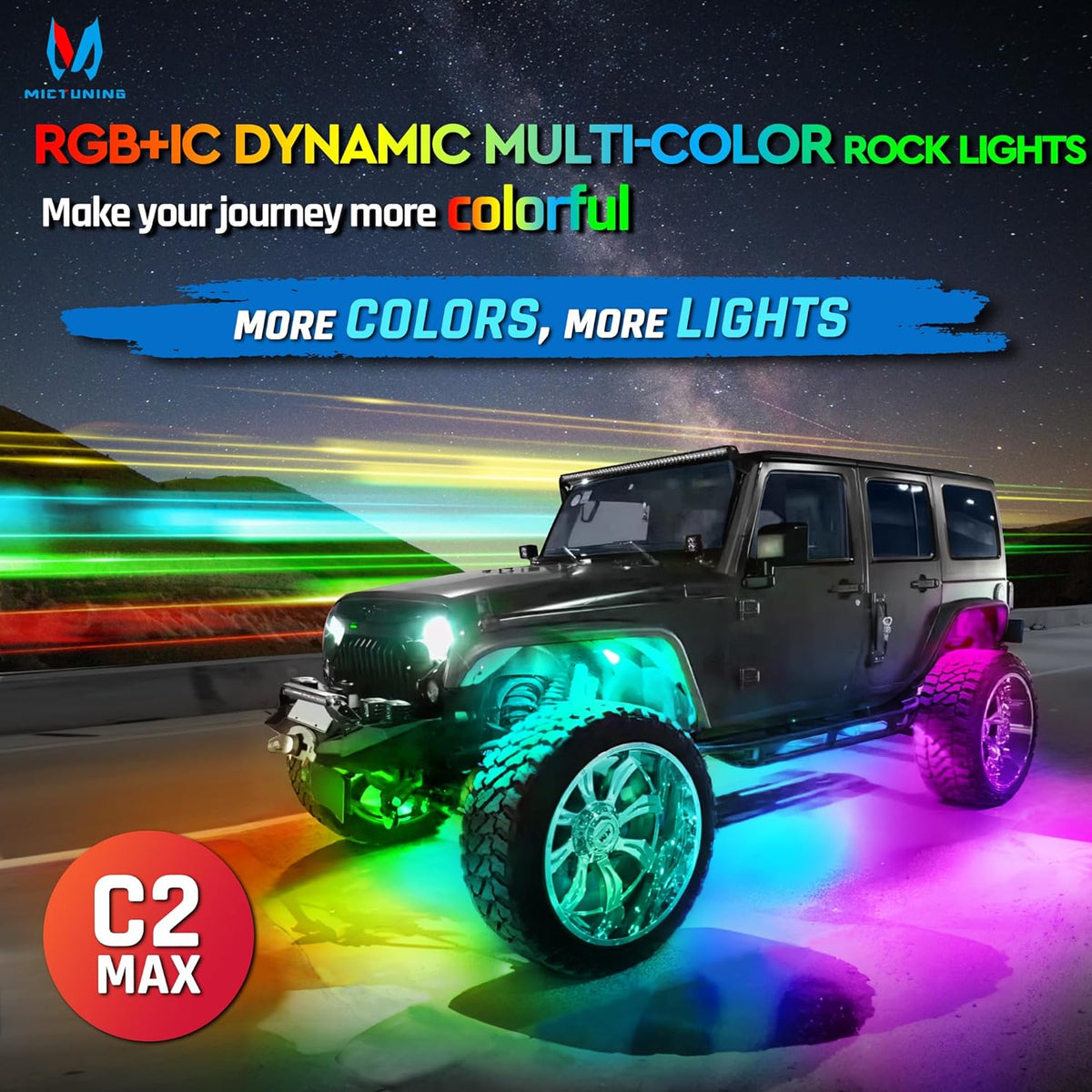 MICTUNING C2 MAX RGB+IC Chasing Color Rock Lights - 10 Pods Underglow Lighting Kit, Dynamic Lighting Modes, Extensible Up to 24 Pods with Stable APP Control, IP68 Waterproof, DIY Effect