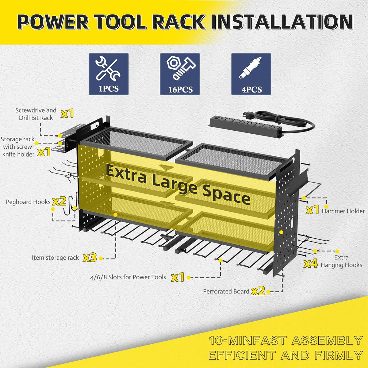 Power Tool Organizer Wall Mount with Charging Station, 4 Layers 6 Drill Holder, Heavy Duty Storage Utility Racks, Supports 600 lbs,Battery Shelf for Garage and Workbench (16 Inch 4 Drills Holder)