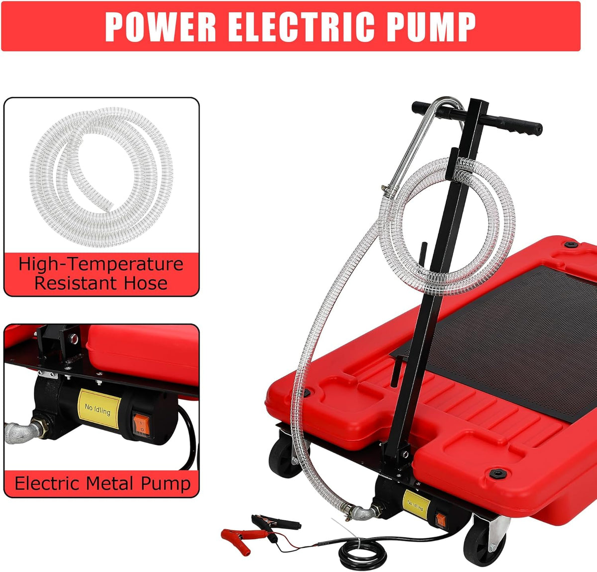 ‌17 Gal Electric Oil Drain Pan, Low Profile Mobile Oil Changing Pan with Hand Pump, 8 Ft Hose & Quick Drain Valve, Leak-Proof Design for Truck Car Motorcycle, Garage Workshop Use
