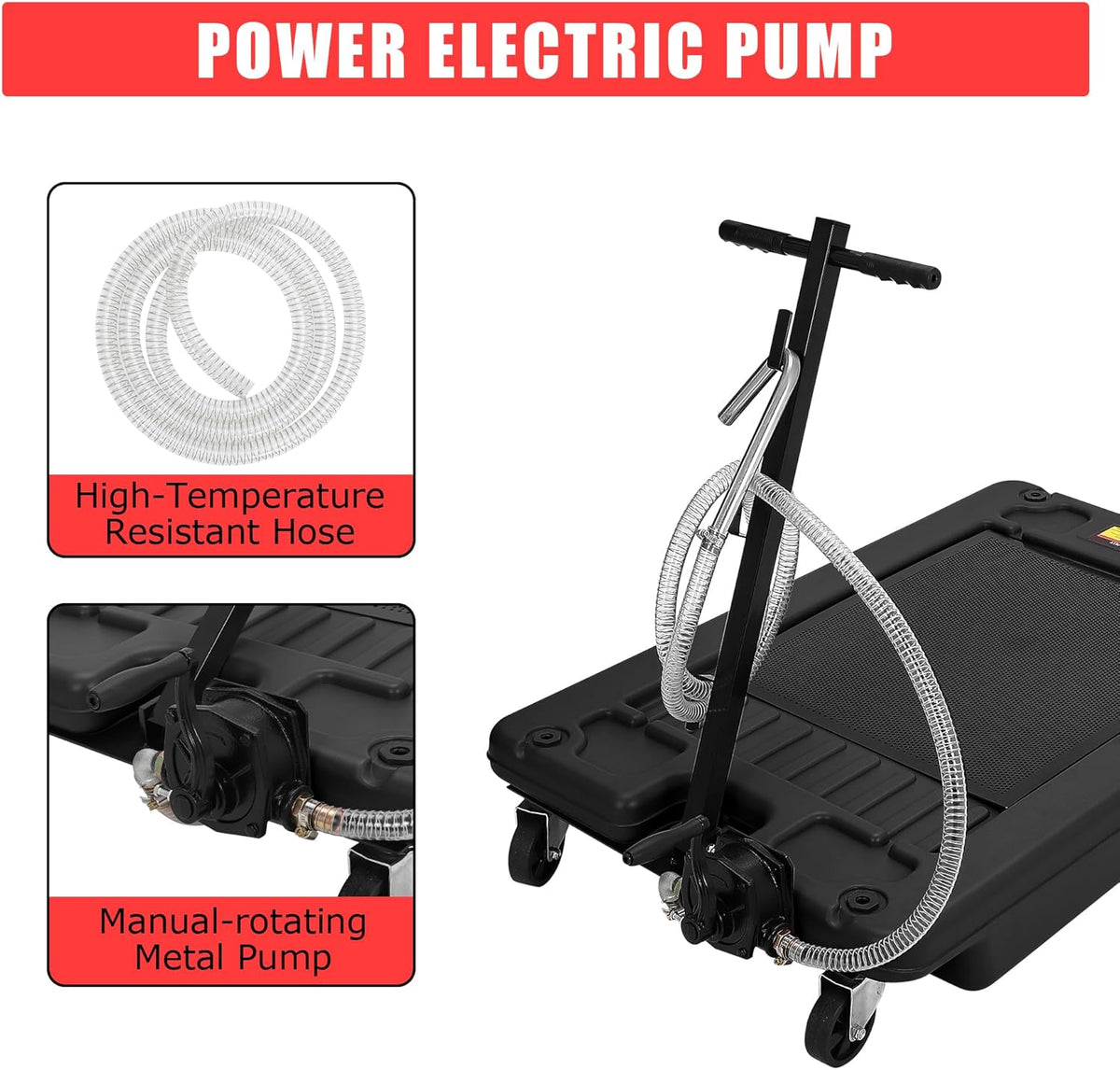 ‌17 Gal Low Profile Oil Drain Pan, Heavy Duty Mobile Oil Changing Pan with Hand Pump, 8 Ft Hose & Quick Drain Valve, Leak-Proof Design for Truck Car Motorcycle, Garage Workshop Use