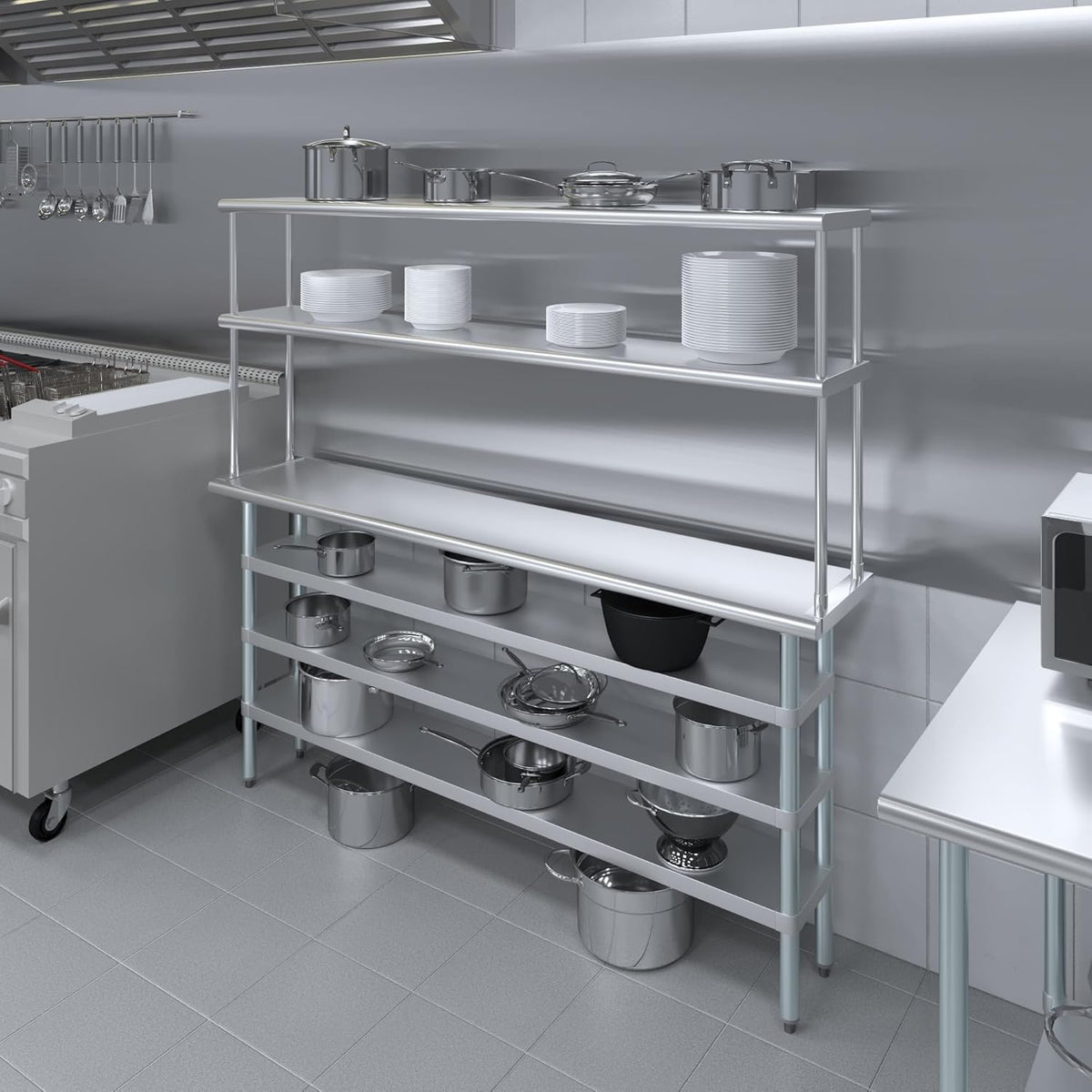 Amgood 14" x 72" Stainless Steel Work Table with 3 Shelves and 12" Wide Double Tier Overshelf | Metal Kitchen Prep Table & Shelving Combo | NSF