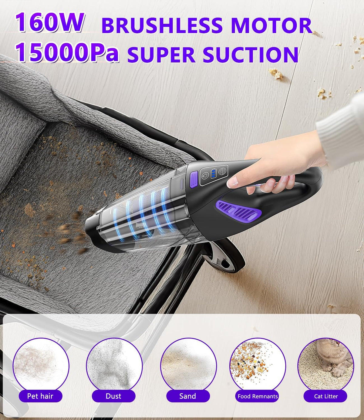 Handheld Car Vacuum Cordless, 18000Pa 160W Car Vacuum Cleaner,30Min Powerful Hand Held Vacuum Cordless Portable Vacuum Cleaner