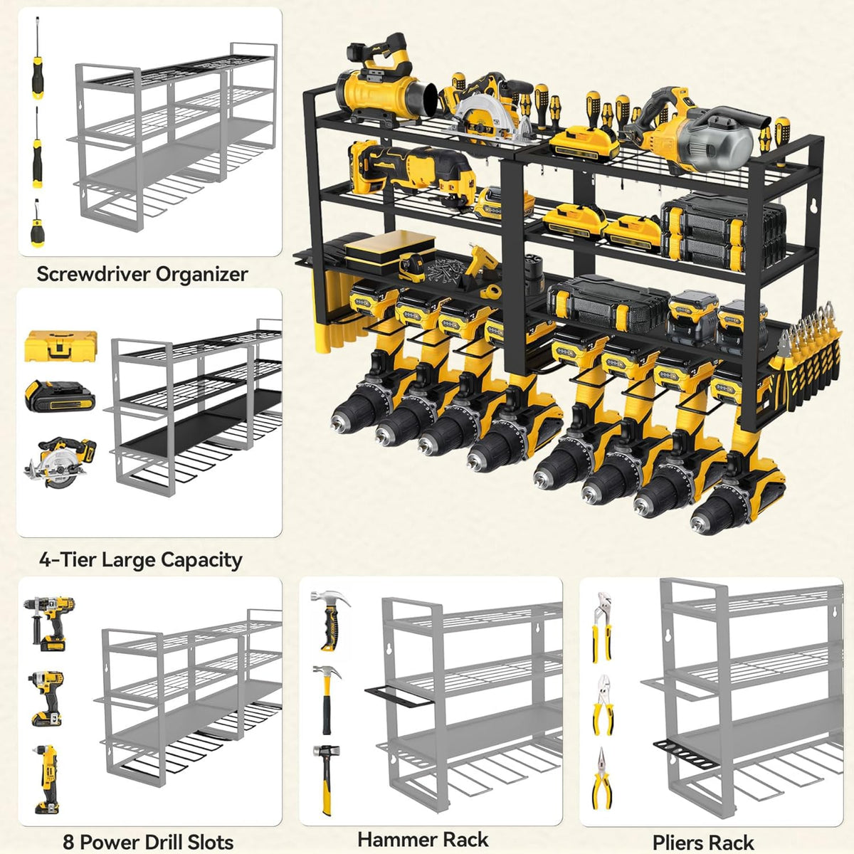 Power Tool Organizer Wall Mount, 4 Layer Heavy Duty Metal Power Tool Storage Rack, 8 Drill Holders Wall Mount, Utility Racks Cordless Tool Storage Rack for Garage Workshop Fathers Men Gift