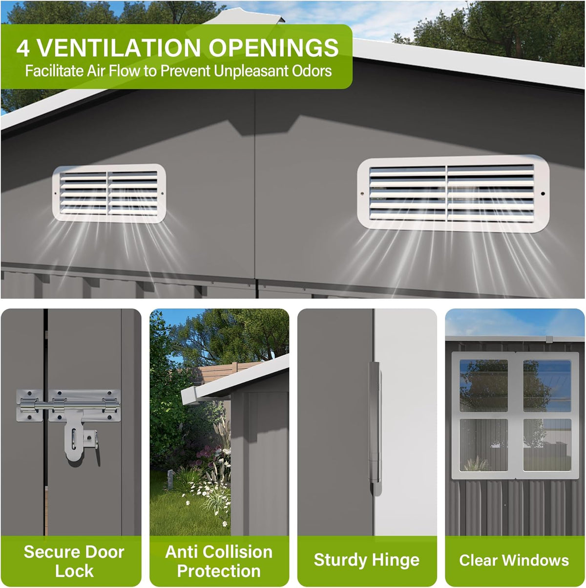 10x14 FT Outdoor Storage Shed with Window, Metal Sheds & Outdoor Storage with 3 Lockable Door and 4 Vents, Outside Storage Shed Waterproof for Backyard, Garden, Patio, Gray