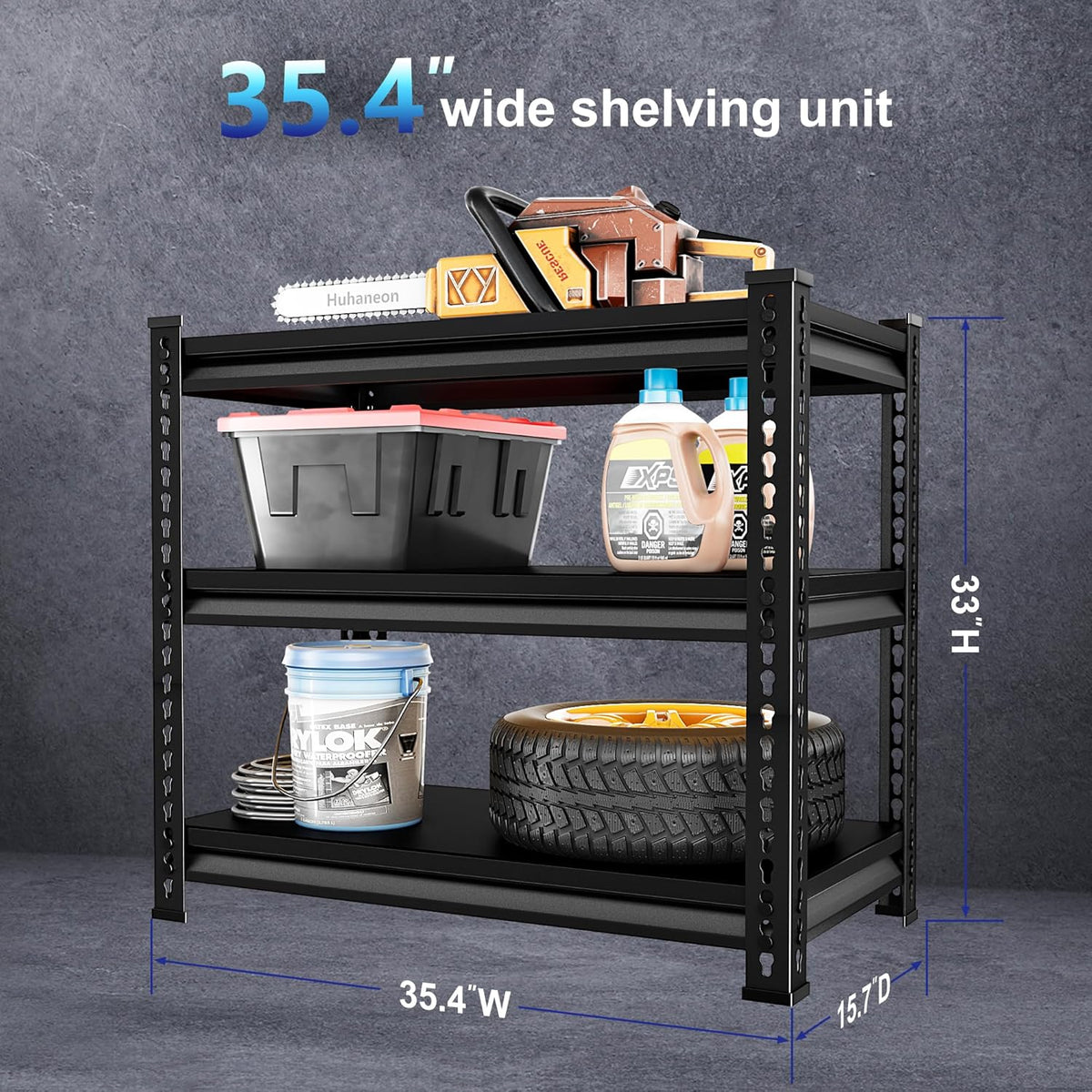 Adjustable Garage Storage Shelves, 35.4''W Garage Shelving Heavy Duty Loads 960LBS, Metal Industrial Utility Shelf for Warehouse, Kitchen, Laundry Room,35.4" W x 15.7" D x 33" H,Black