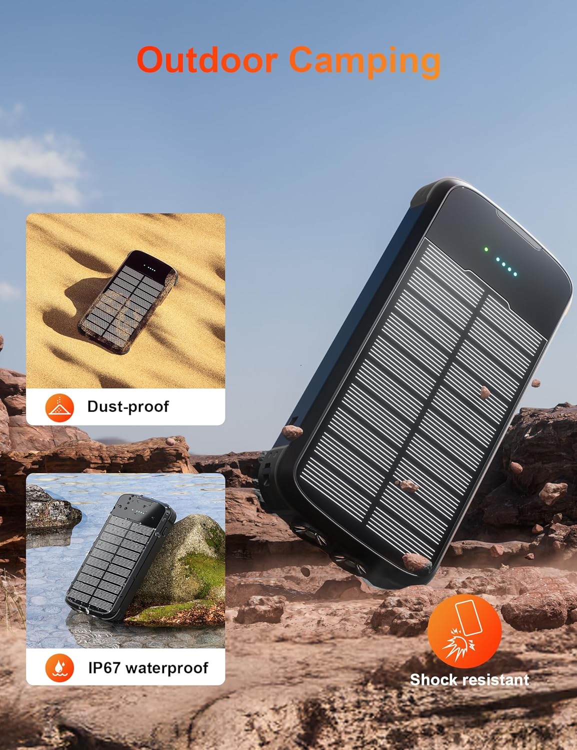 Solar Charger Power Bank, 40000mAh Portable Phone Charger Built in 4 Cables with USB C in/Output, PD 20W Fast Charging Portable Charger, External Battery Pack with Dual Bright Flashlights
