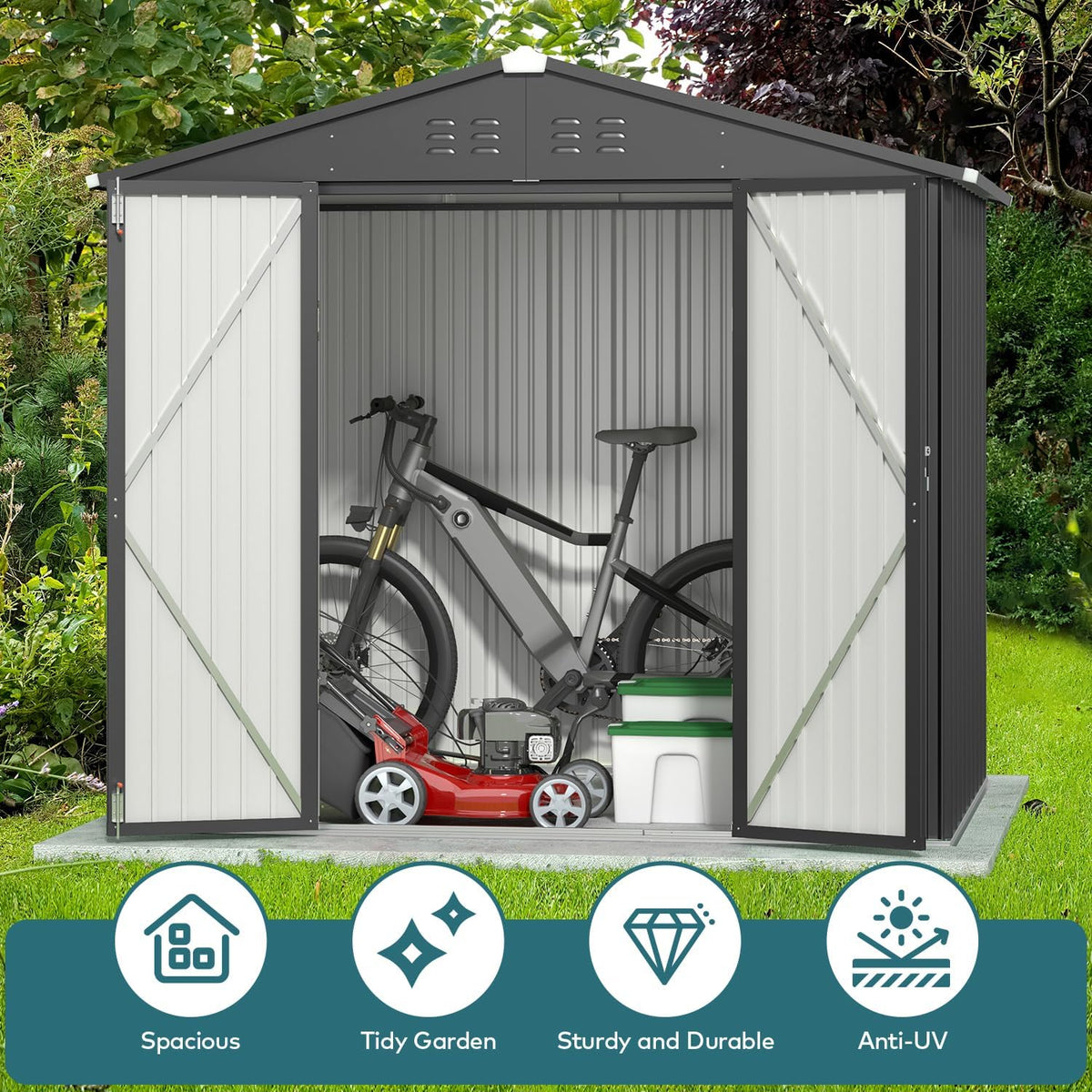 Gizoon Outdoor Storage Shed 8 x 6 FT, Galvanized Metal Garden Shed with Double Lockable Doors, Outdoor Storage Clearance for Backyard Patio Lawn-Dark Grey