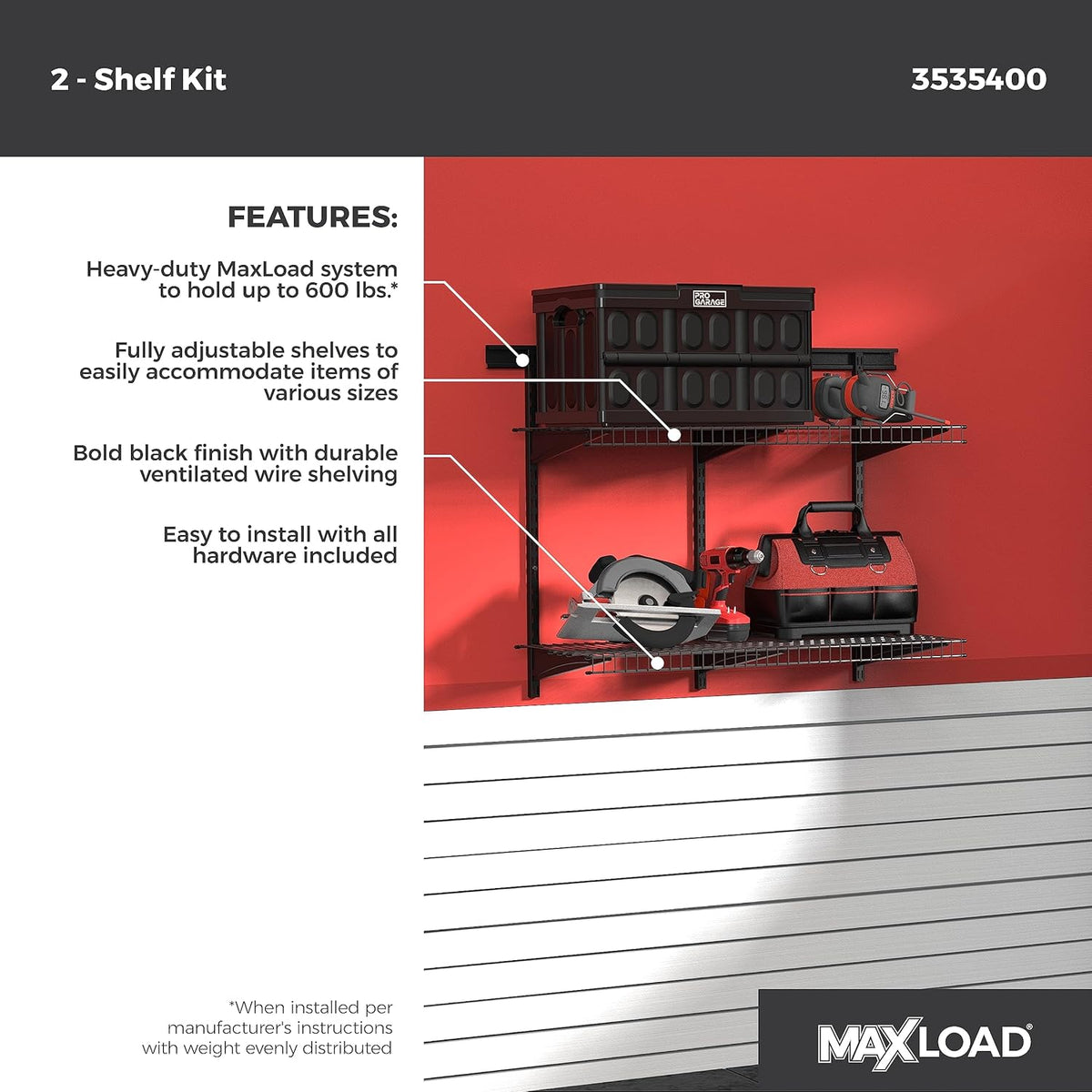 ClosetMaid MaxLoad Heavy Duty Wall Shelf Kit for Garage, 2 Shelves, Adjustable ShelfTrack Wire Shelving, Black Finish