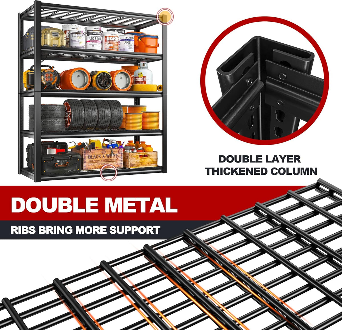 REIBII 48" W Garage Shelving Heavy Duty Load 2500LBS, 5 Tier Storage Shelves, Adjustable Metal Shelves for Warehouse, Pantry, Basement, 48" W X 72" H X18 D, 4PC
