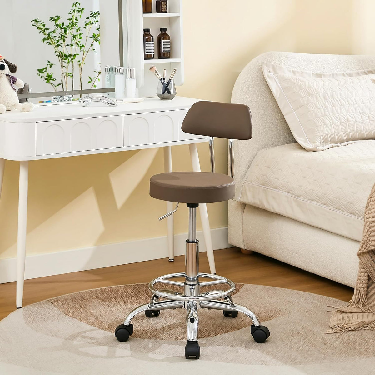 Salon Rolling Chair, Adjustable Stool with Footrest and Back 19.5’’-26.6’’,Coffee Brown Massage Stools with Wheels (Coffee Brown)