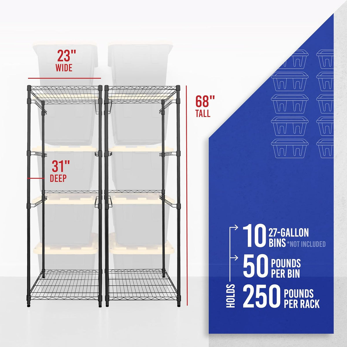 SafeRacks 2 Pack 5-Tier Steel Tote Rack - Maximize Space, Declutter, Organization, NSF Certified, Bin Storage for Garage, Pantry, Kitchen, Workspace, 5 Shelves, 31″ x 23″ x 68″, Black