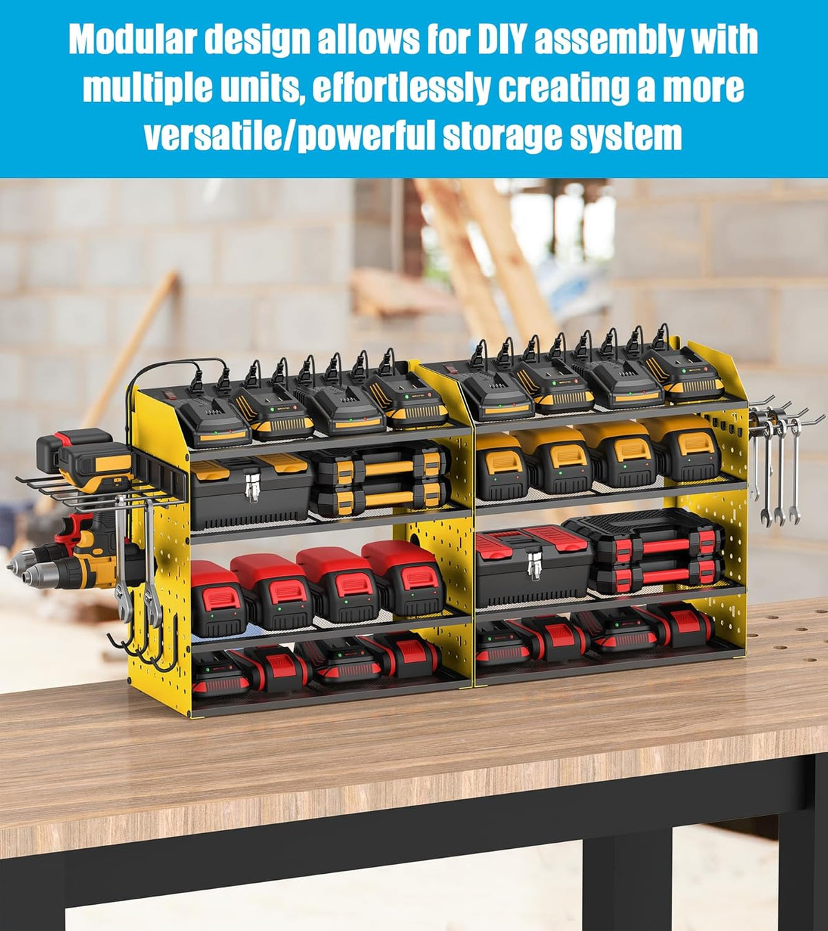 CCCEI Modular Desk Power Tools Organizer with Charging Station, 4 Layer Drills Battery Storage Wall Mount, Garage Shop Organization, Anniversary, Birthday, Gifts for Men, Father, Yellow, 6FT Cord.