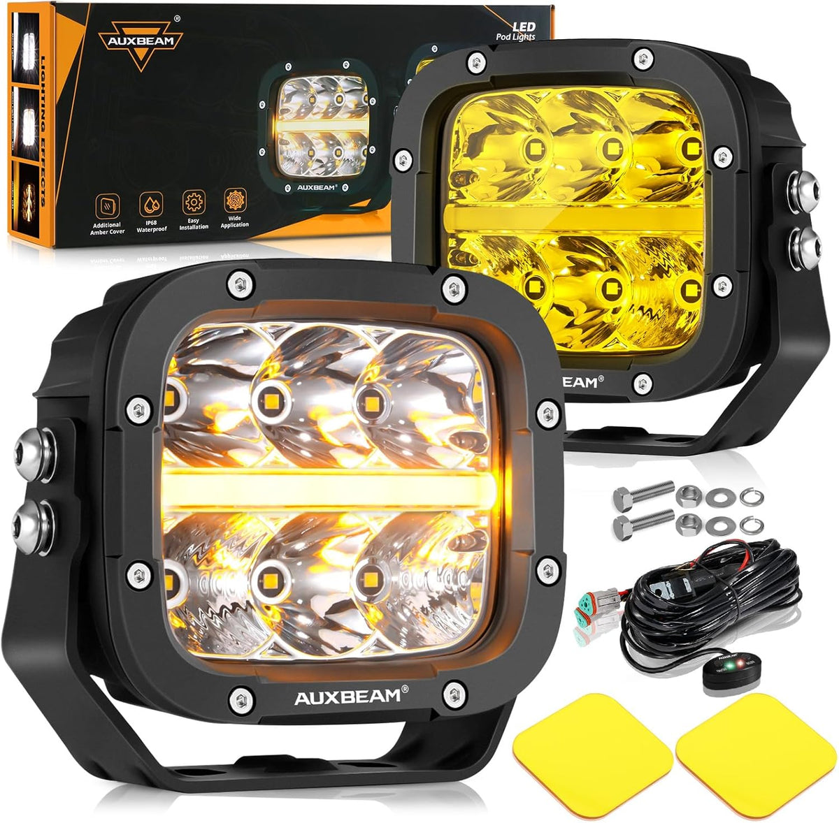 Auxbeam 5" LED Offroad Light with Amber DRL, XP-Ultra Series 132W 15600LM Super Bright Square LED Pod & Amber Pod Light Cover, Spot Flood Combo Fog Light Bar for Off-Road Vehicles, 2 Years Warranty
