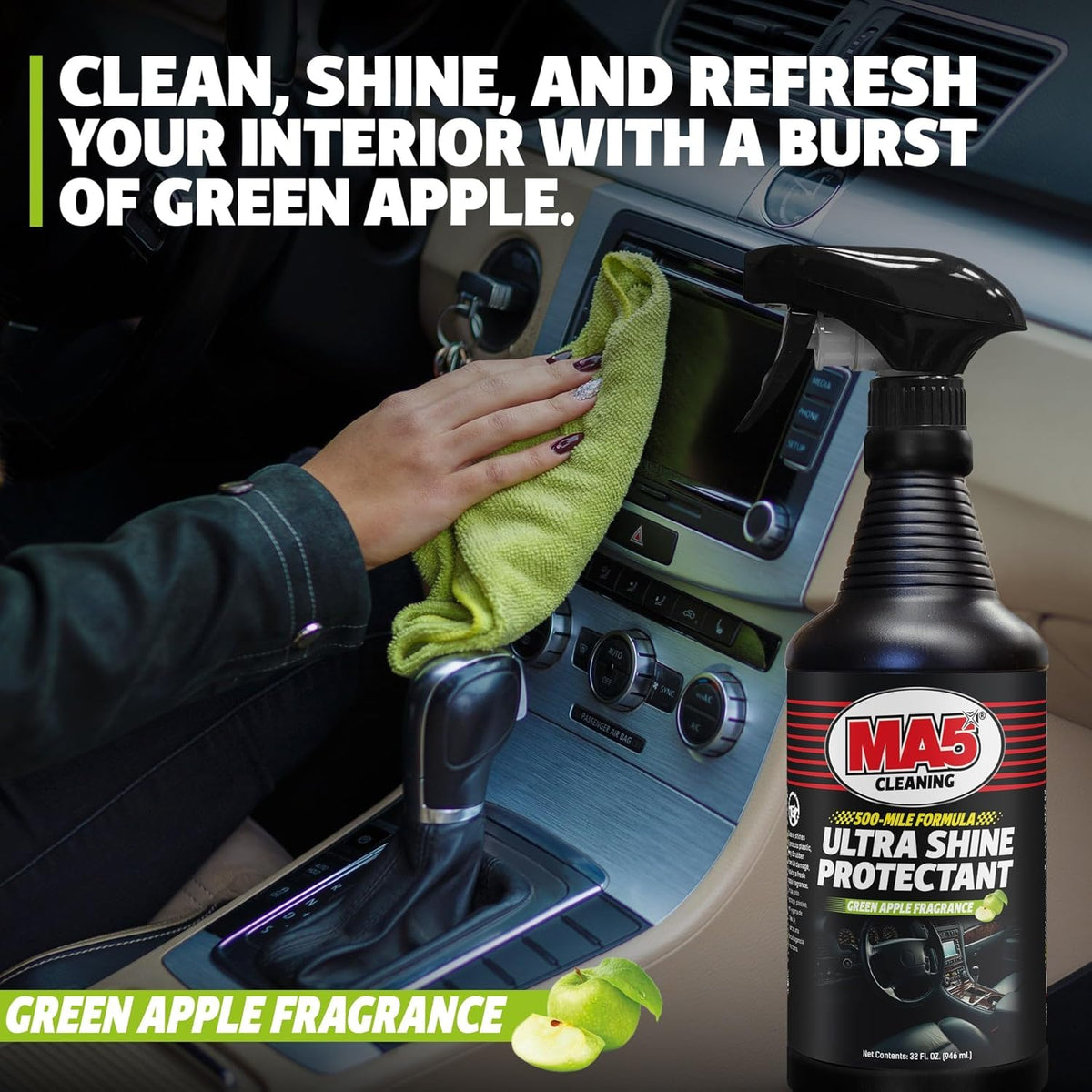 MA5X Ultra Shine Protectant | Car Interior Cleaner | Multi-Surface Car Interior Protectant with Green Apple Scent | UV Resistant | 32oz Spray Bottle | Pack of 1