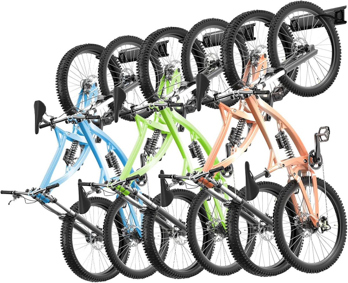 VEVOR Bike Storage Rack, 6 Bike Racks and 3 Helmets Hooks, Wall Mount Bike Storage Hanger, Home & Garage Organizer, Customizable for Various Bike Sizes, Adjustable Holder, Holds Up to 300 lbs, 48-inch