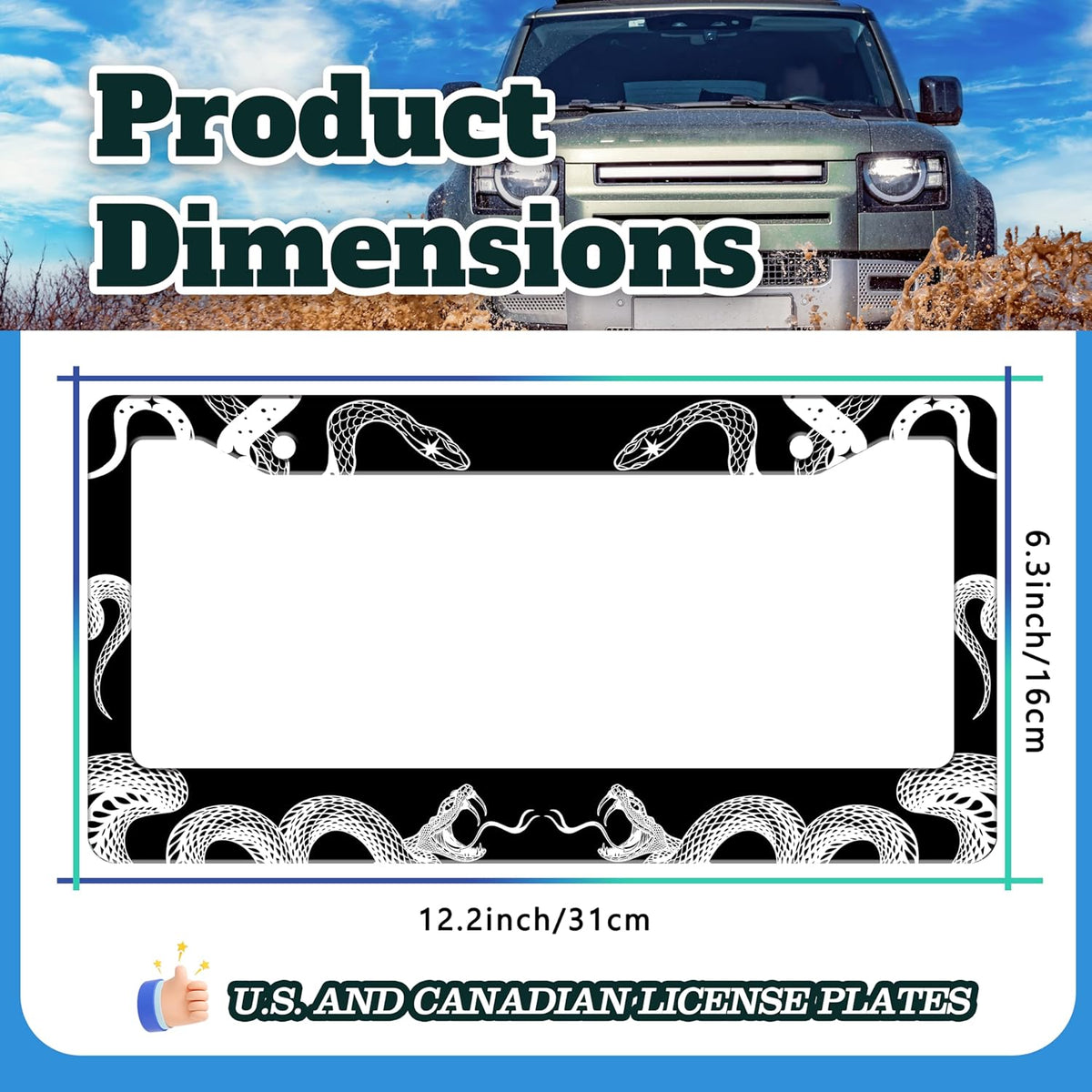 Black and White Snake Crawling License Plate Frame Gothic License Plate Holder for Front or Rear Car Tags Stainless Steel Funny Car Decoration with Screws 6.3 X 12.2 in