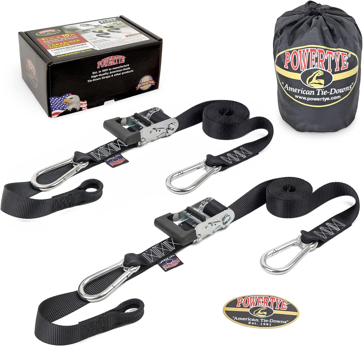 PowerTye - Made in USA - Extra Long Ratchet Tie Down Straps, Heavy Duty with Carabiner Hooks, Soft-Tye & Bag, for Motorcycle, ATV & Cargo, 1,000 lb WLL, 1.5 inch x 10ft Long, Black/Black (Pair)