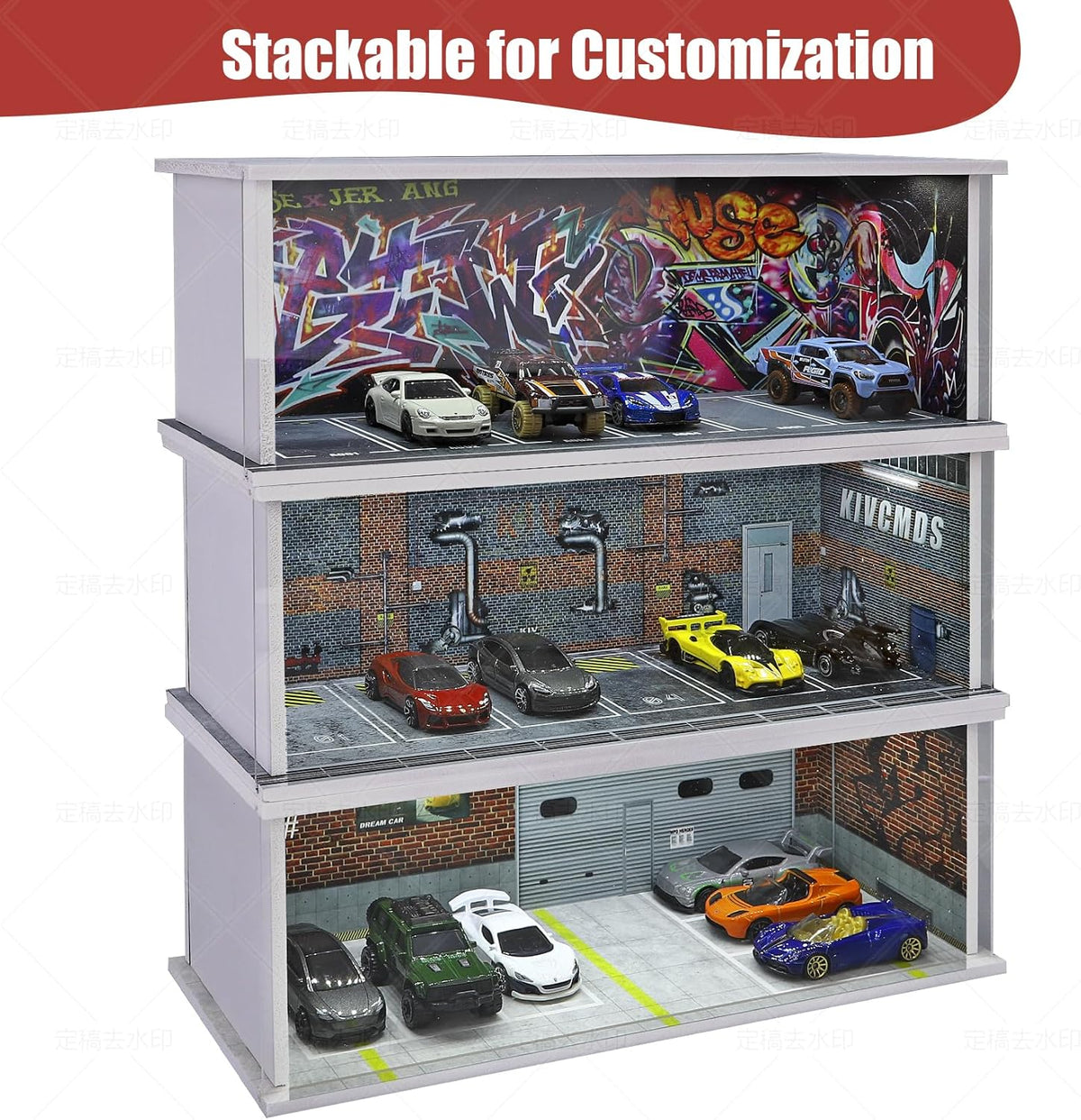 Display Case for Hot Wheels: Stackable Parking Garage for 1/64 Scale Matchbox Toy Car, FoamBoard Storage for Monster Trucks with LED Light and Acrylic Cover, Red Bricks