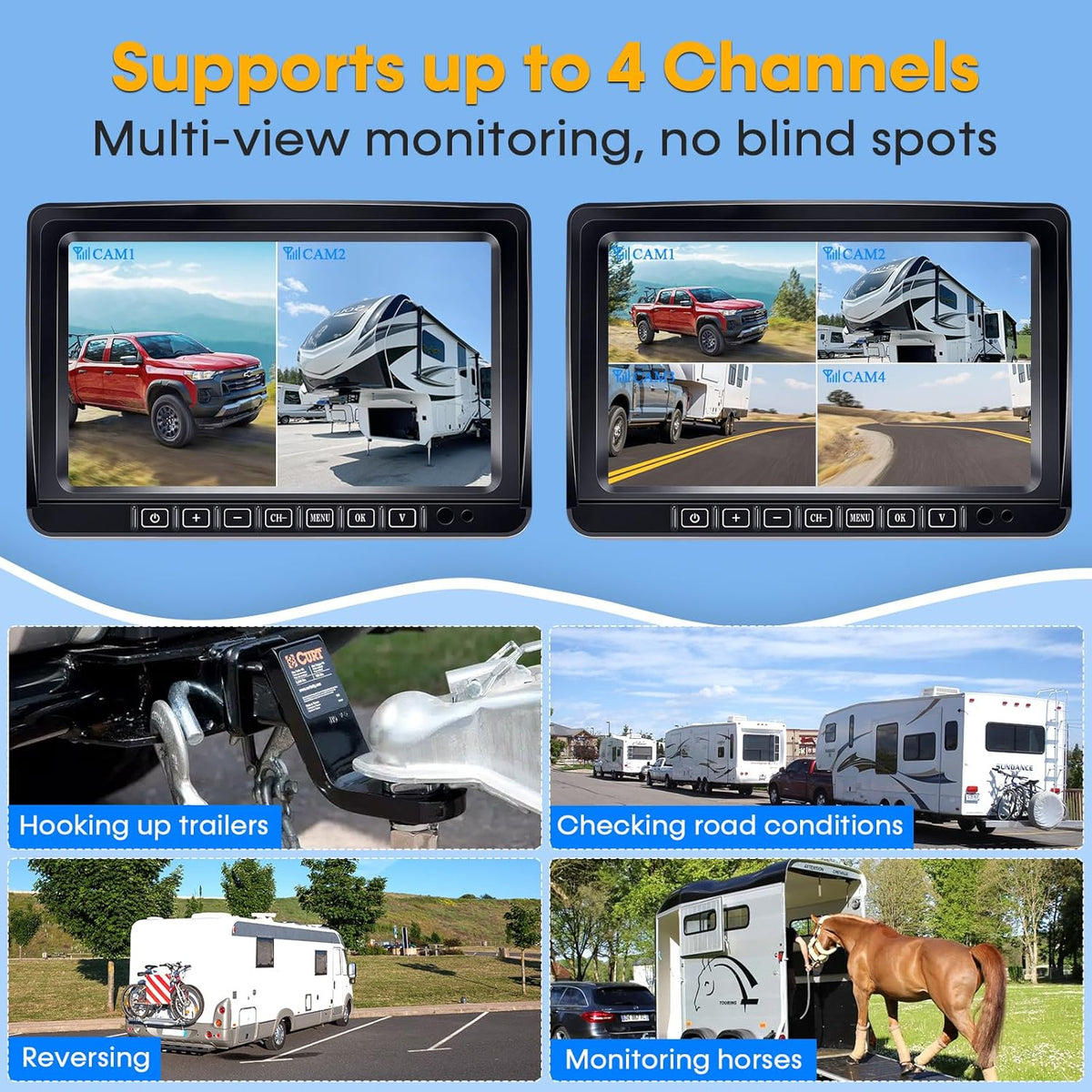 Dual RV Backup Camera Wireless for Trailer: Easy Setup Solar RV Rear View Camera with 7-inch Recording Monitor - 4 Channels Strong Magnetic HD 1080P Long-Battery Life for Camper, Truck, Fifth Wheel