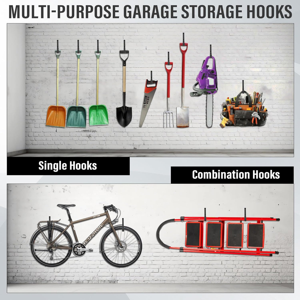 Heavy Duty Utility Hooks, Garage Storage Wall Mount Steel Hooks, Garden Tool Hanger, Garage Organizer for Tool, Ladder, Folding Chair, Hose, Ropes, Bike, etc.(2 S, 2 M, 2 L)