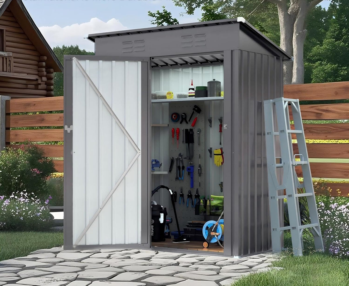 5X3 FT Metal Outdoor Storage Shed, Waterproof Tool House with Pitched Roof and Lockable Door, Weather-Resistant Garden Sheds for Backyard, Patio, Sundries and Bike Storage, Gray