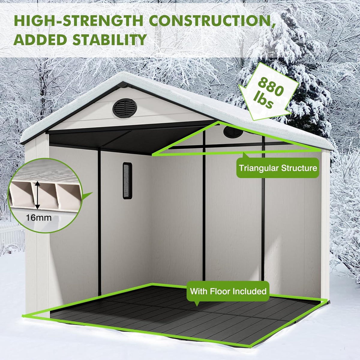 COOS BAY Resin Outdoor Storage Shed with Lockable Double Doors, Heavy-Duty Floor, All-Weather Garden Shed for Tools & Equipment, 8x8 ft, White/Gray