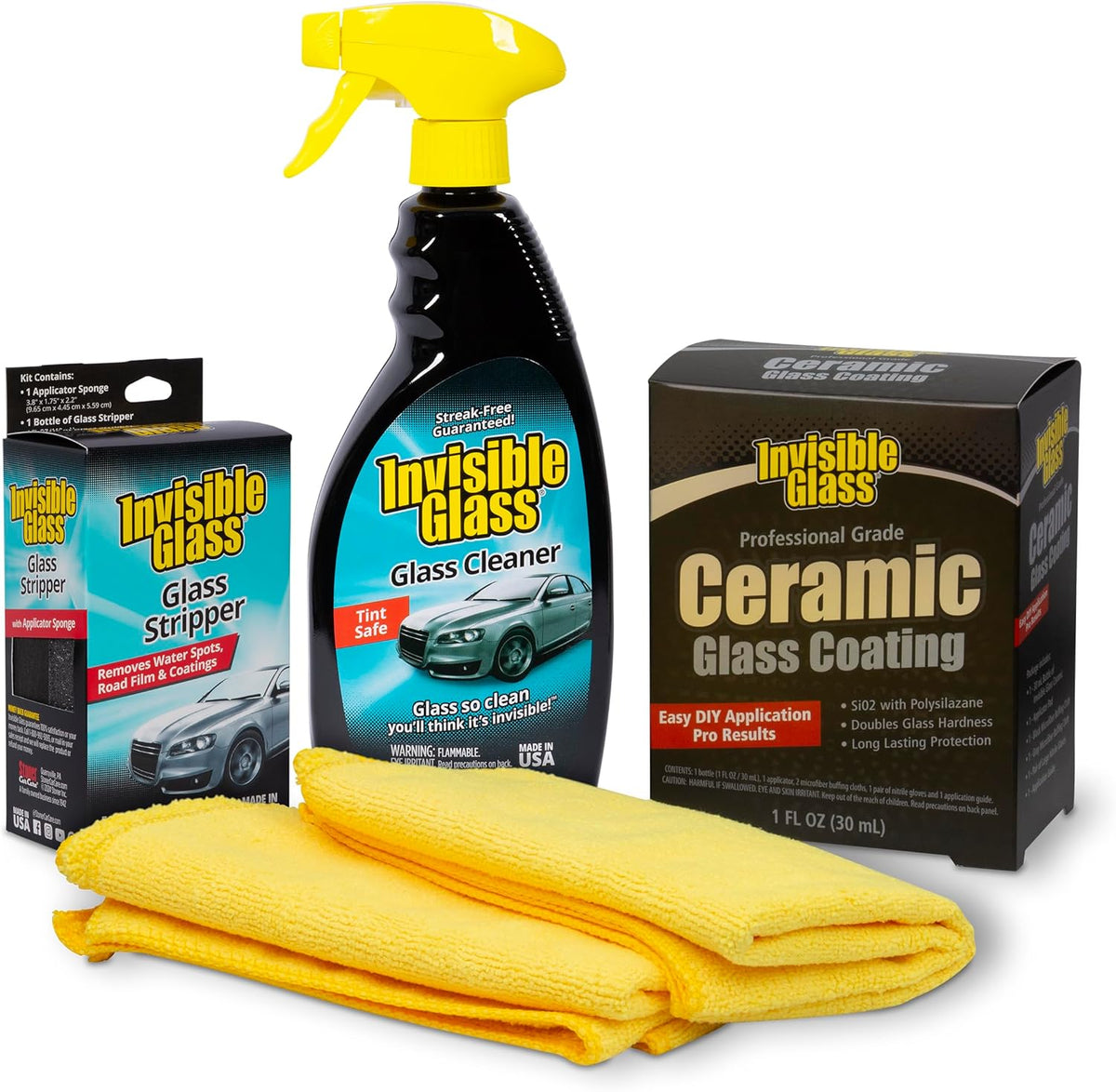 Invisible Glass 99017 Pro Glass Care Kit – Clean with Premium Glass Cleaner, Strip Water Spots with Glass Stripper, Protect with Ceramic Coating – Includes (2) Microfiber Cloths