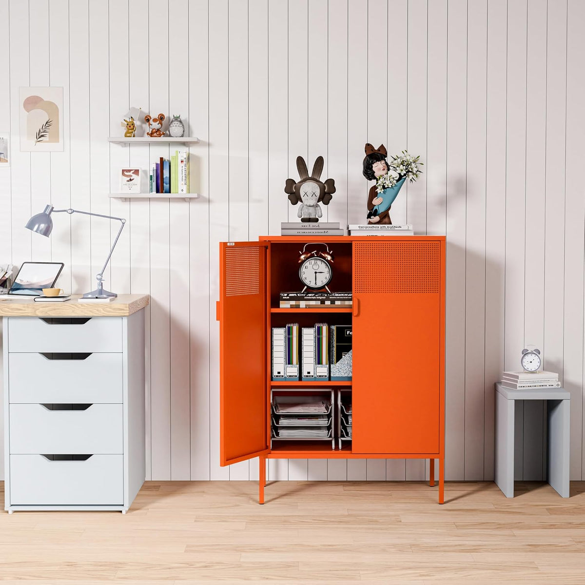 2 Mesh Door Metal Cabinet with Adjustable Shelves, Multipurpose Orange Storage Cabinet, 3-Tier,Metal Storage Cabinet for Office Home,Hallway(Orange, 47''H)